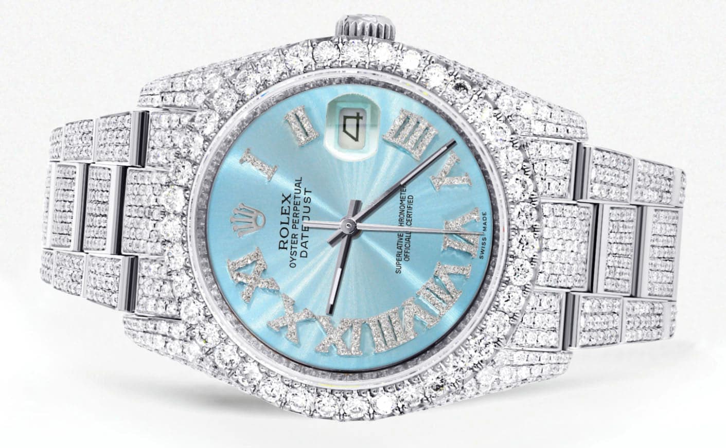 Iced Out Rolex Datejust 36 MM | Stainless Steel | 16.5 Carats of Diamonds | Light Blue Roman Diamond Dial | Oyster Band | Model 116200 - Image 2