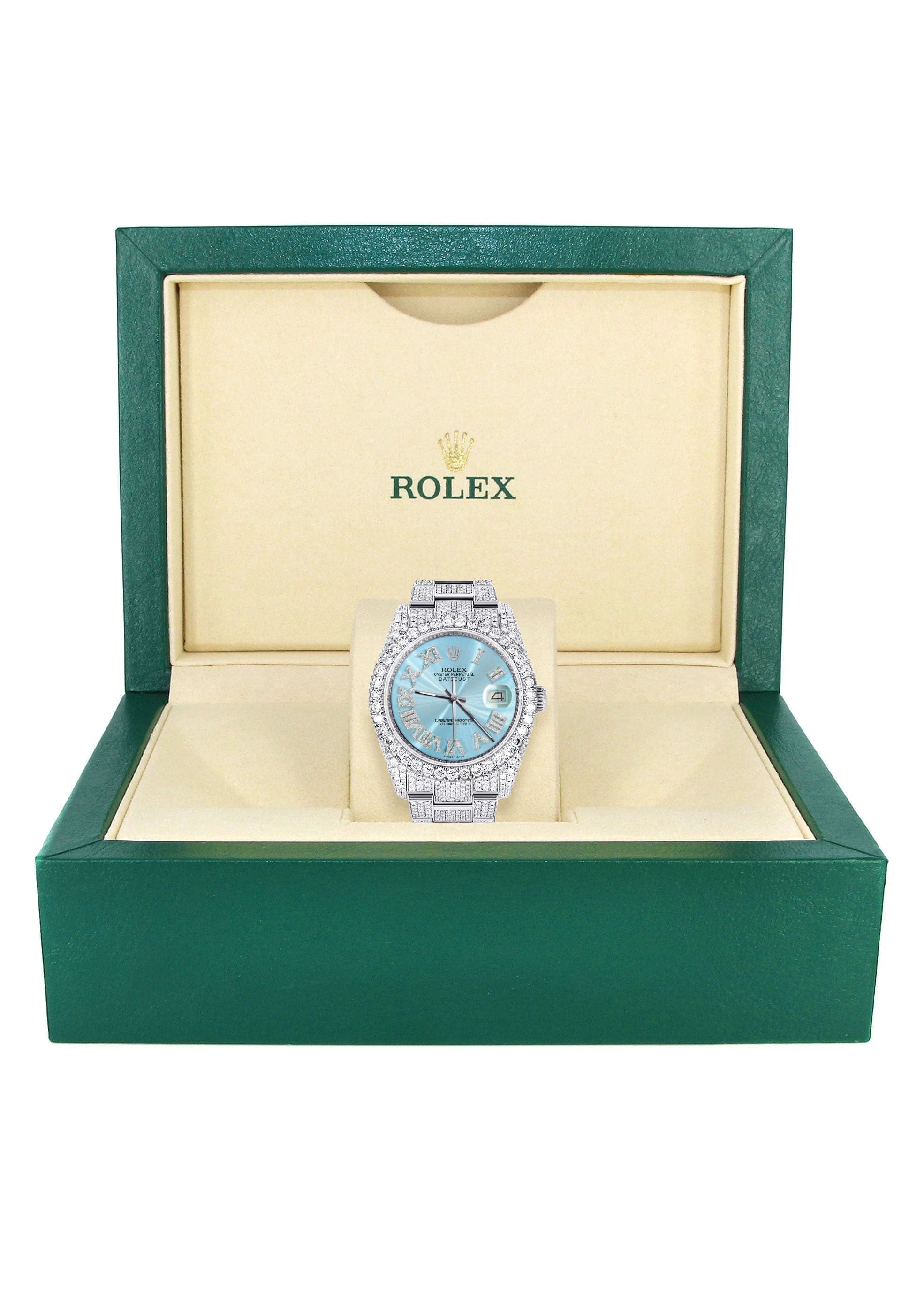 Iced Out Rolex Datejust 36 MM | Stainless Steel | 16.5 Carats of Diamonds | Light Blue Roman Diamond Dial | Oyster Band | Model 116200 - Image 4