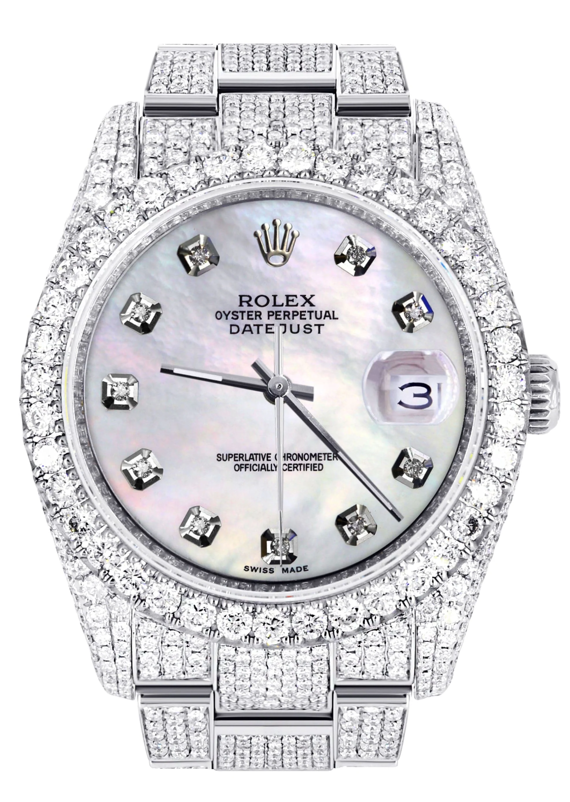 Iced Out Rolex Datejust 36 MM | Stainless Steel | 16.5 Carats of Diamonds | Light Mother of Pearl Diamond Dial | Oyster Band | Model 116200