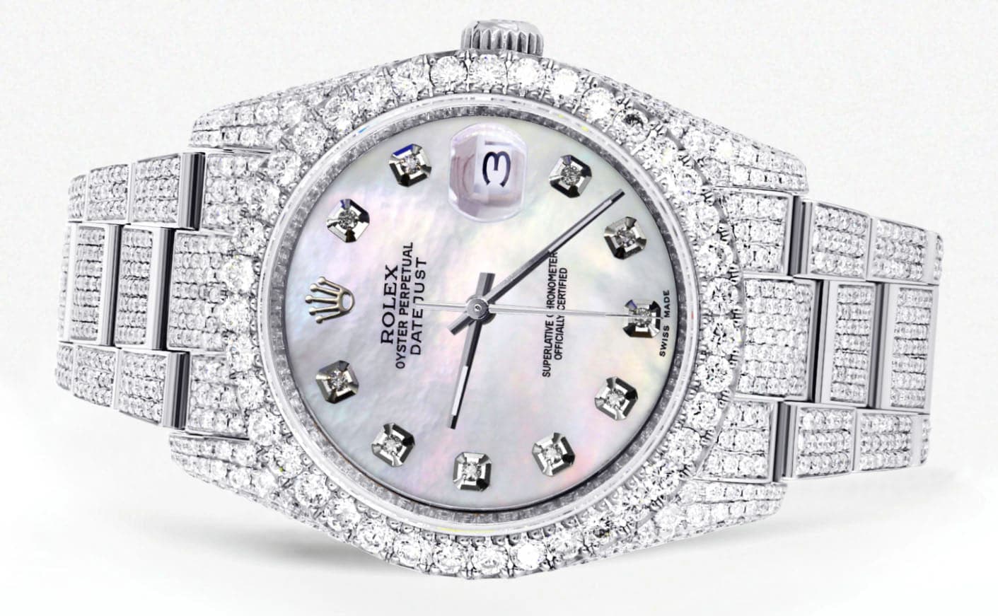 Iced Out Rolex Datejust 36 MM | Stainless Steel | 16.5 Carats of Diamonds | Light Mother of Pearl Diamond Dial | Oyster Band | Model 116200 - Image 2