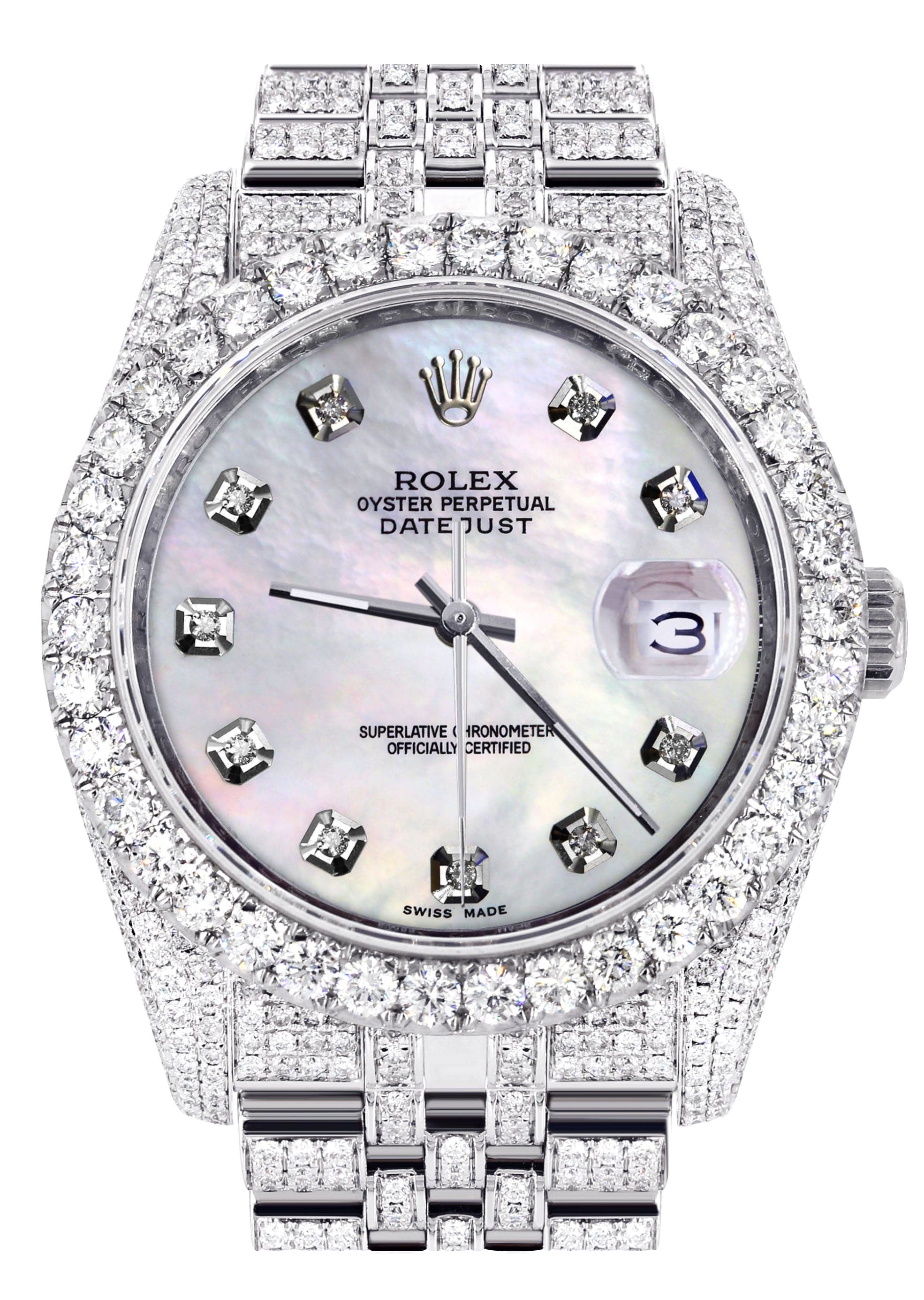 Iced Out Rolex Datejust 36 MM | Stainless Steel | 16.5 Carats of Diamonds | Mother of Pearl Diamond Dial | Jubilee Band | Model 116200