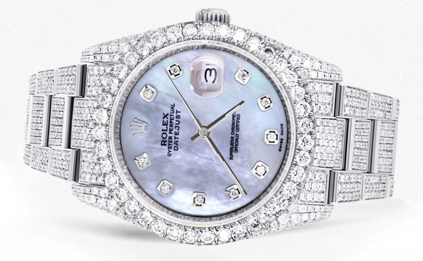Iced Out Rolex Datejust 36 MM | Stainless Steel | 16.5 Carats of Diamonds | Mother of Pearl Diamond Dial | Oyster Band | Model 116200 - Image 2