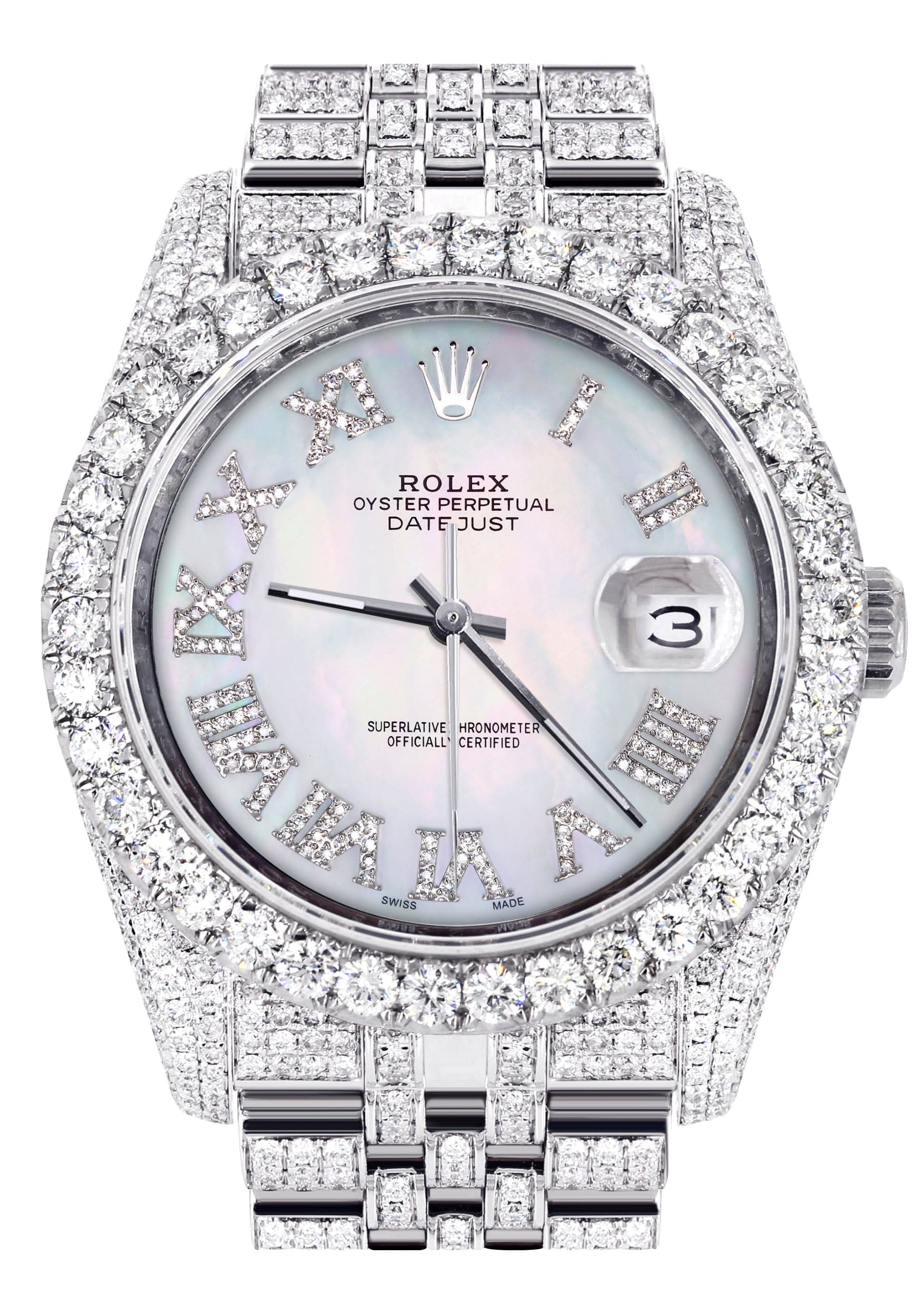 Iced Out Rolex Datejust 36 MM | Stainless Steel | 16.5 Carats of Diamonds | Mother of Pearl Roman Diamond Dial | Jubilee Band | Model 116200
