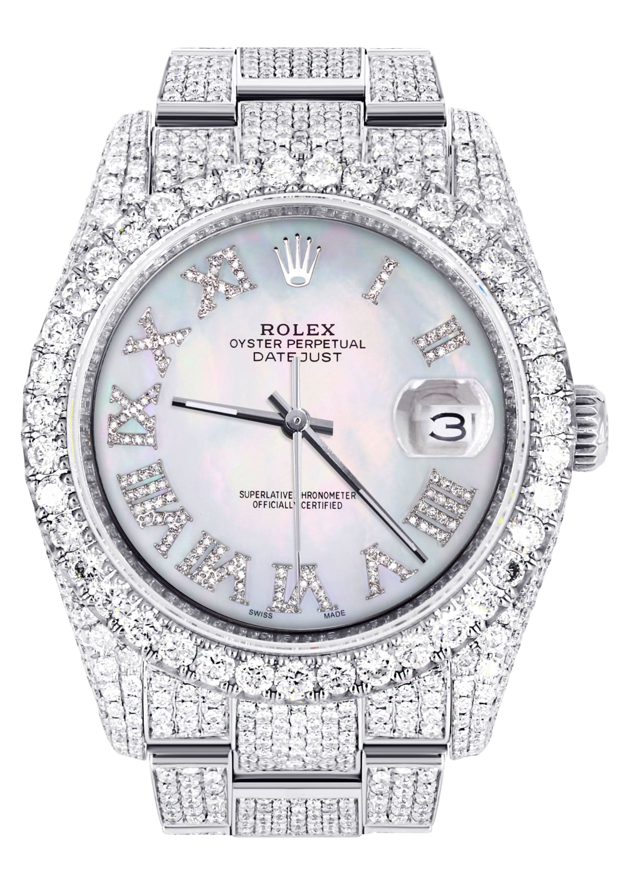Iced Out Rolex Datejust 36 MM | Stainless Steel | 16.5 Carats of Diamonds | Mother of Pearl Roman Diamond Dial | Oyster Band | Model 116200