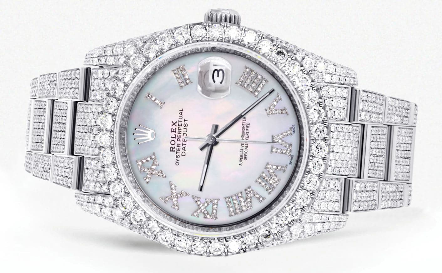Iced Out Rolex Datejust 36 MM | Stainless Steel | 16.5 Carats of Diamonds | Mother of Pearl Roman Diamond Dial | Oyster Band | Model 116200 - Image 2