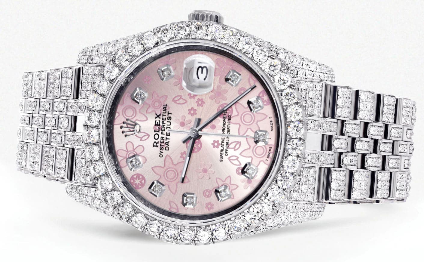 Iced Out Rolex Datejust 36 MM | Stainless Steel | 16.5 Carats of Diamonds | Pink Floral Diamond Dial | Jubilee Band | Model 116200 - Image 2