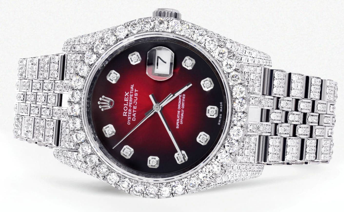 Iced Out Rolex Datejust 36 MM | Stainless Steel | 16.5 Carats of Diamonds | Red Black Diamond Dial | Jubilee Band | Model 116200 - Image 2