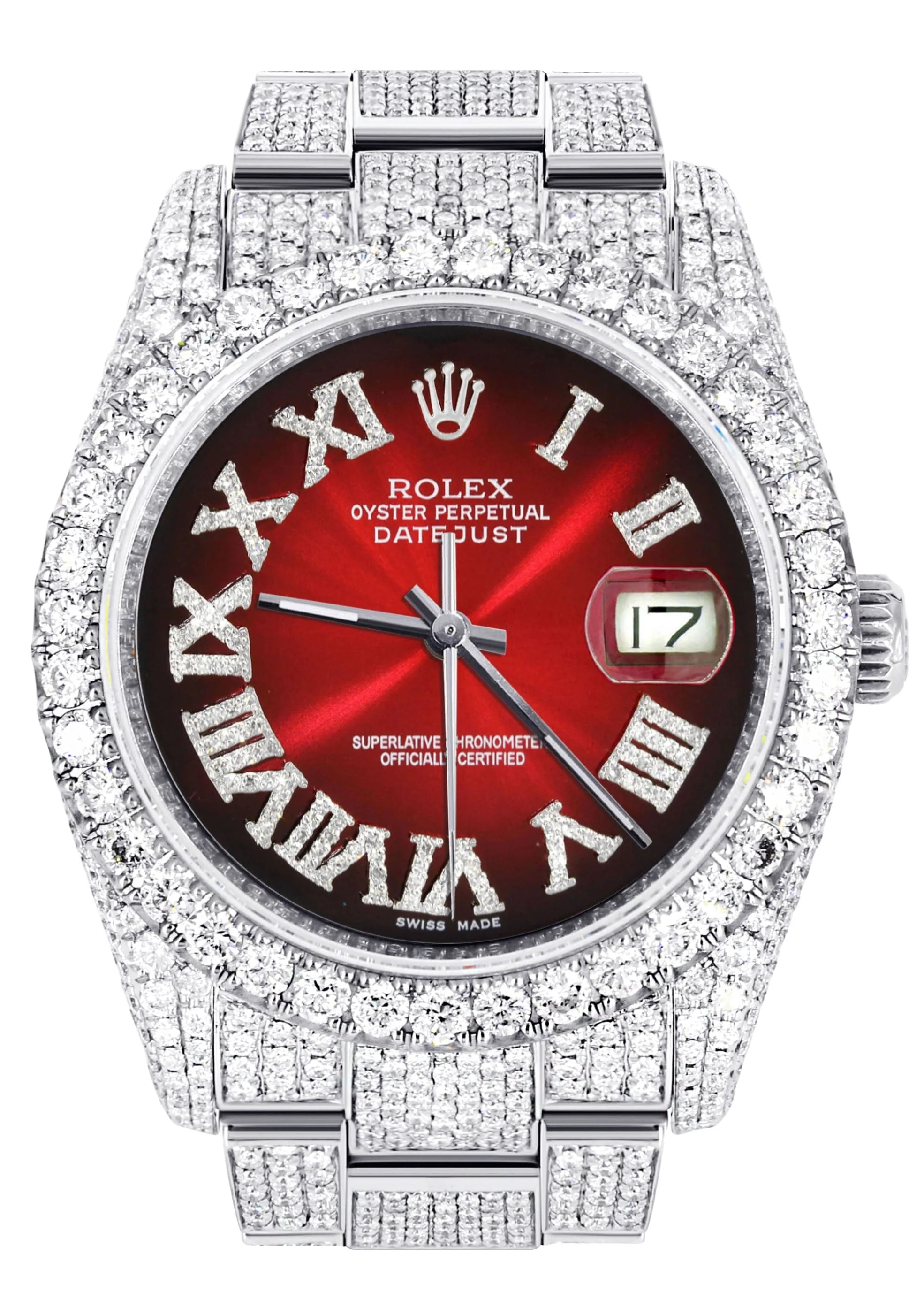 Iced Out Rolex Datejust 36 MM | Stainless Steel | 16.5 Carats of Diamonds | Red Black Roman Diamond Dial | Oyster Band | Model 116200