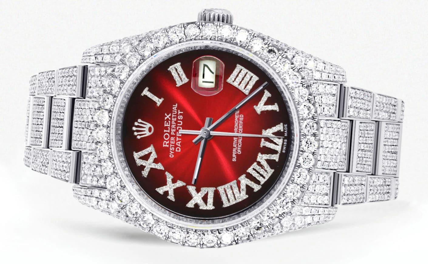 Iced Out Rolex Datejust 36 MM | Stainless Steel | 16.5 Carats of Diamonds | Red Black Roman Diamond Dial | Oyster Band | Model 116200 - Image 2