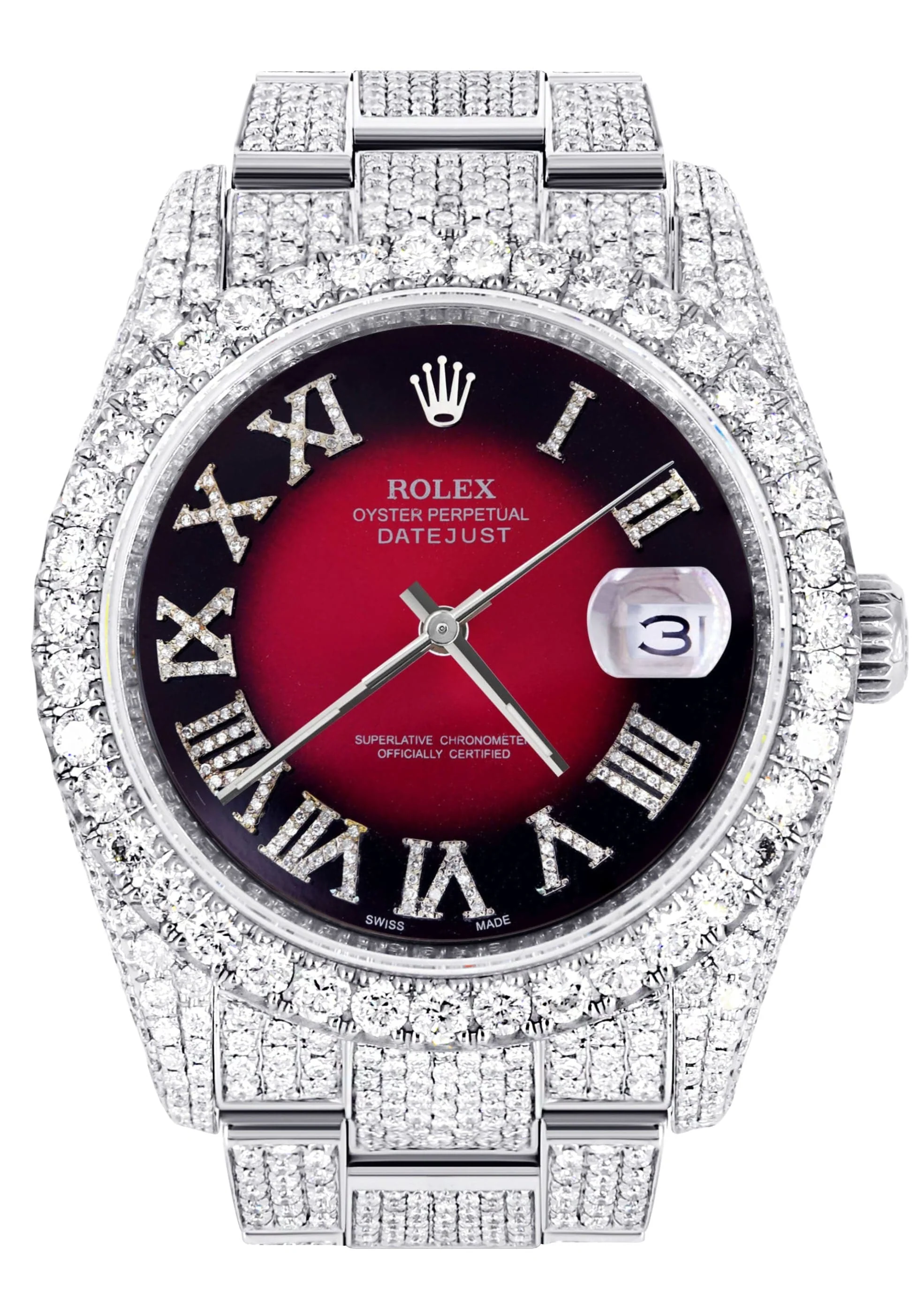 Iced Out Rolex Datejust 36 MM | Stainless Steel | 16.5 Carats of Diamonds | Red Black Roman Diamond Dial | Oyster Band | Model 116200