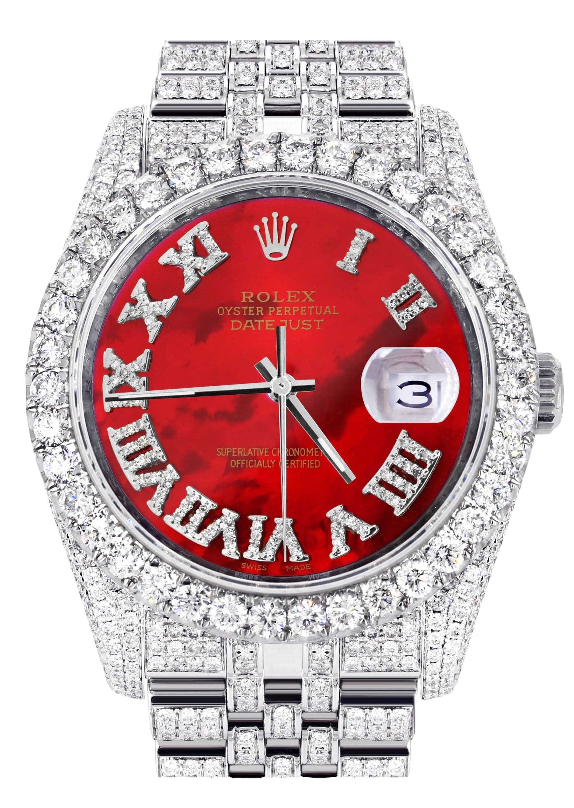 Iced Out Rolex Datejust 36 MM | Stainless Steel | 16.5 Carats of Diamonds | Red Mother of Pearl Roman Diamond Dial | Jubilee Band | Model 116200
