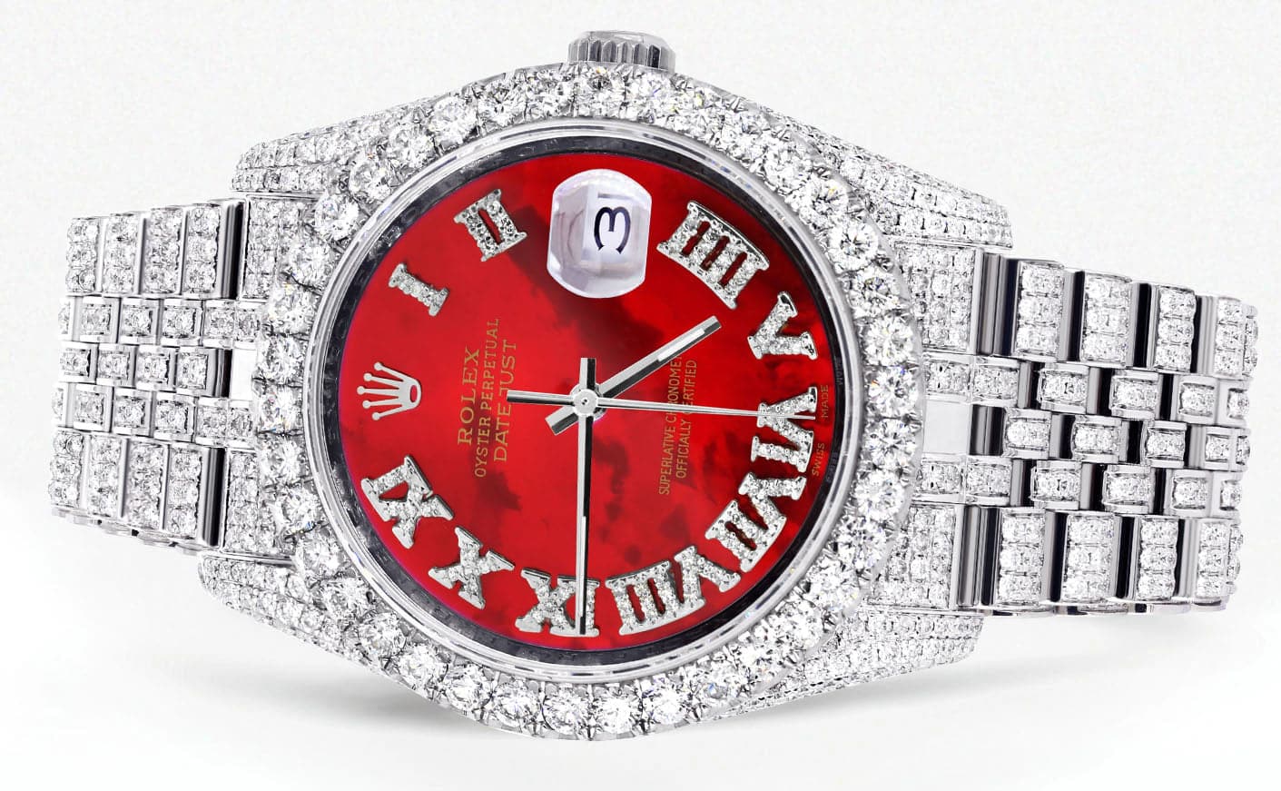 Iced Out Rolex Datejust 36 MM | Stainless Steel | 16.5 Carats of Diamonds | Red Mother of Pearl Roman Diamond Dial | Jubilee Band | Model 116200 - Image 2