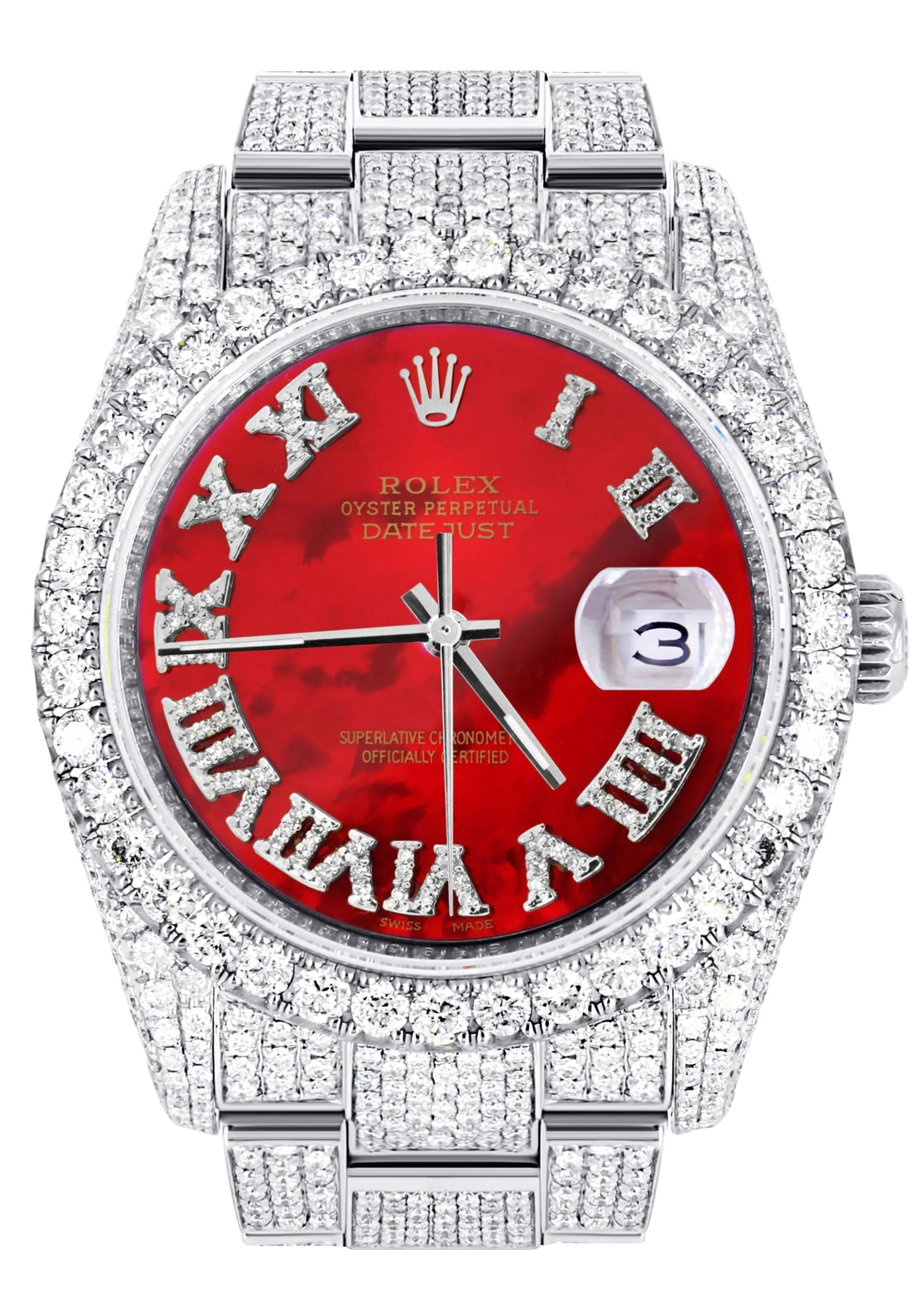 Iced Out Rolex Datejust 36 MM | Stainless Steel | 16.5 Carats of Diamonds | Red Mother of Pearl Roman Diamond Dial | Oyster Band | Model 116200