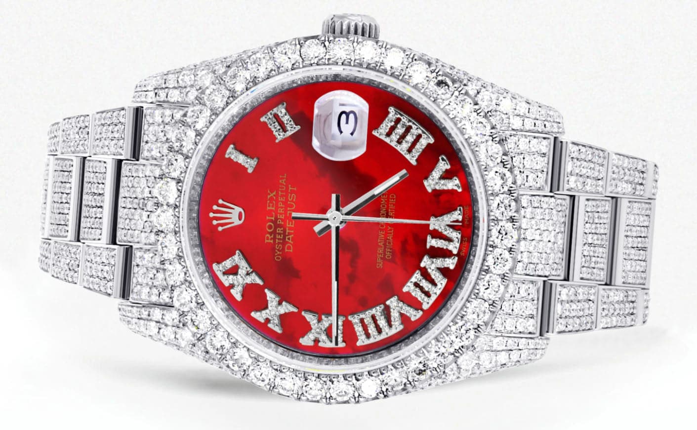 Iced Out Rolex Datejust 36 MM | Stainless Steel | 16.5 Carats of Diamonds | Red Mother of Pearl Roman Diamond Dial | Oyster Band | Model 116200 - Image 2