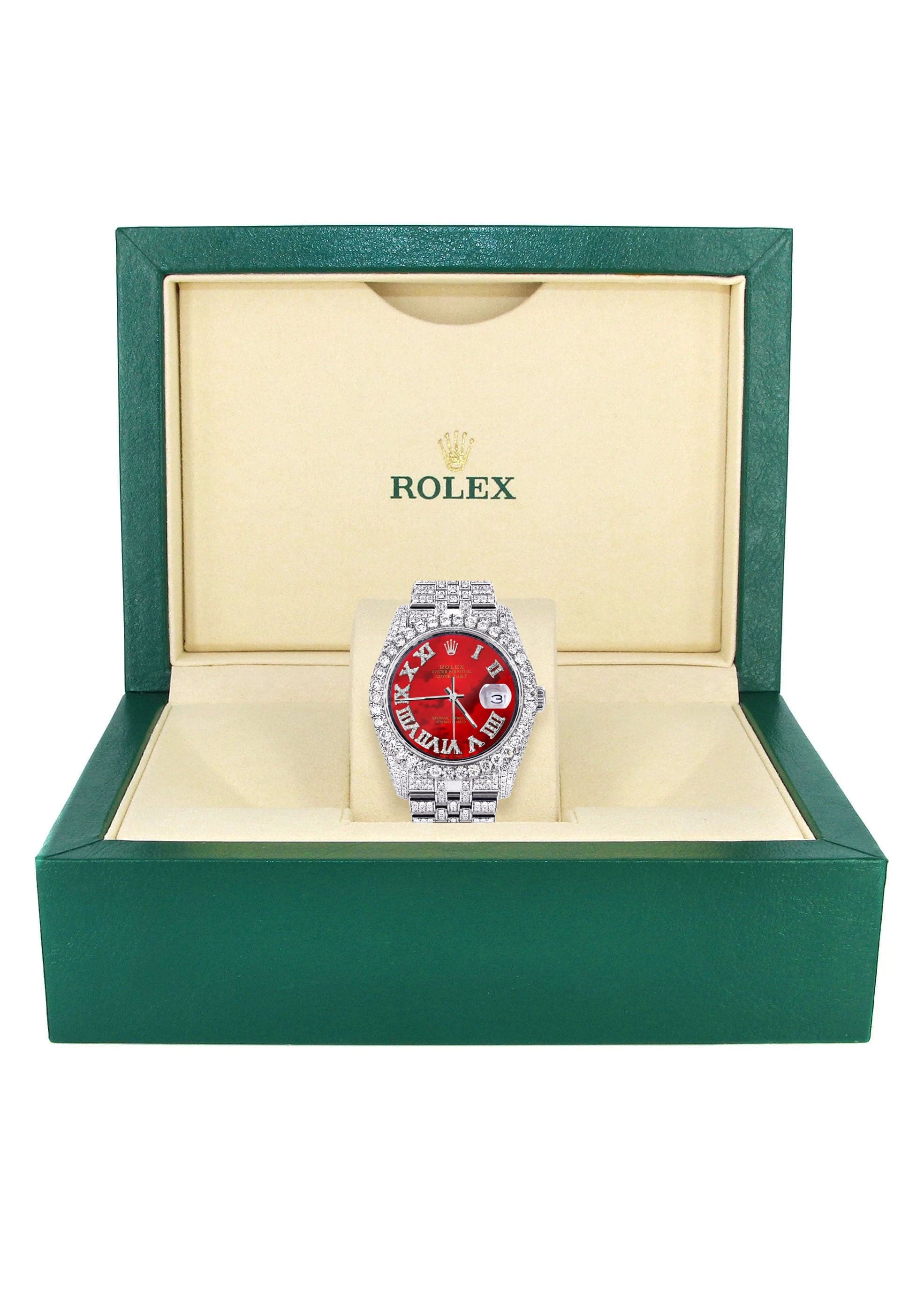 Iced Out Rolex Datejust 36 MM | Stainless Steel | 16.5 Carats of Diamonds | Red Mother of Pearl Roman Diamond Dial | Oyster Band | Model 116200 - Image 4