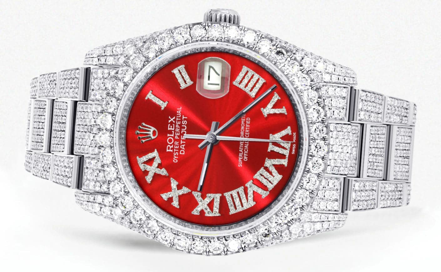 Iced Out Rolex Datejust 36 MM | Stainless Steel | 16.5 Carats of Diamonds | Red Roman Diamond Dial | Oyster Band | Model 116200 - Image 2