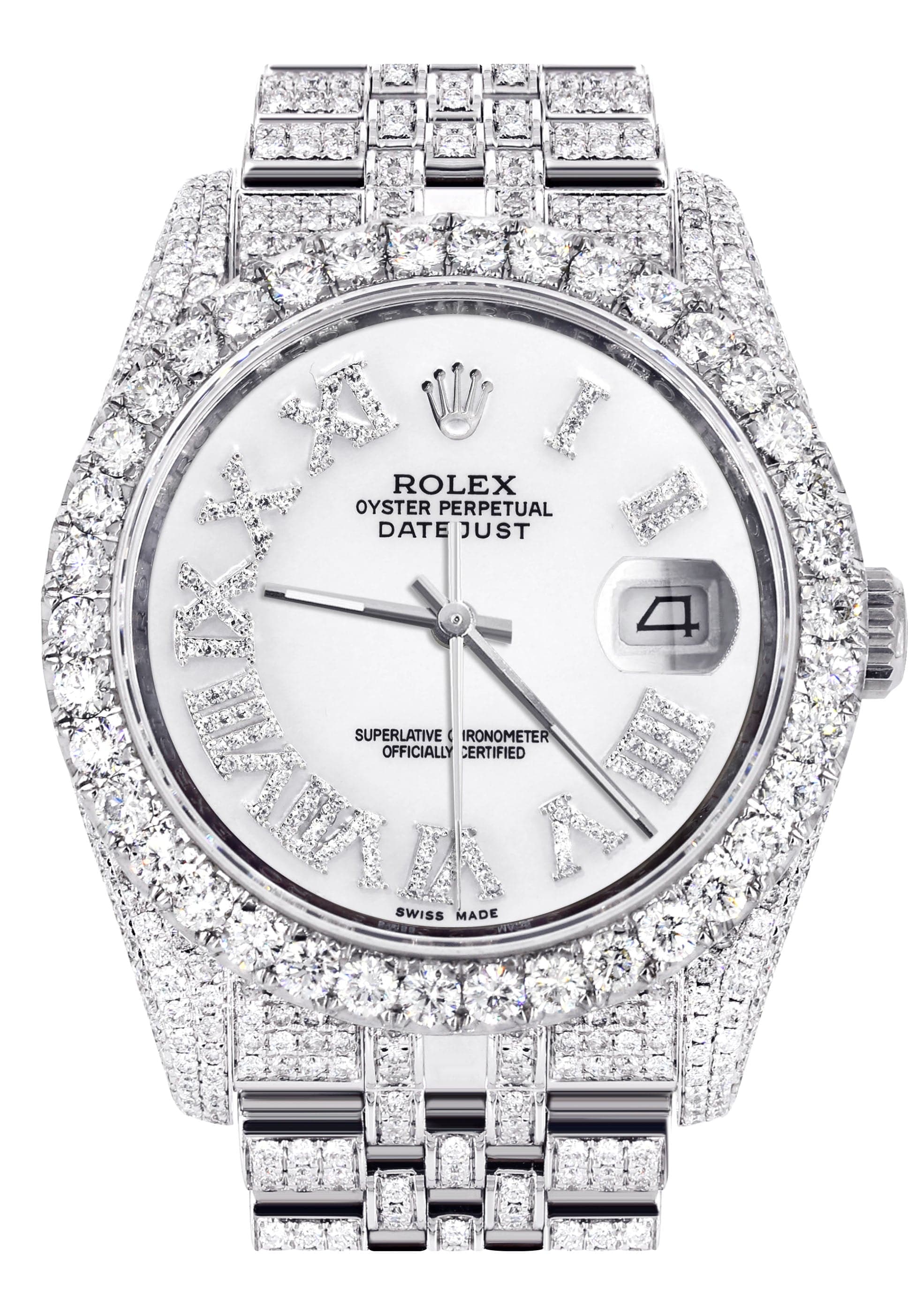 Iced Out Rolex Datejust 36 MM | Stainless Steel | 16.5 Carats of Diamonds | White Roman Diamond Dial | Jubilee Band | Model 116200