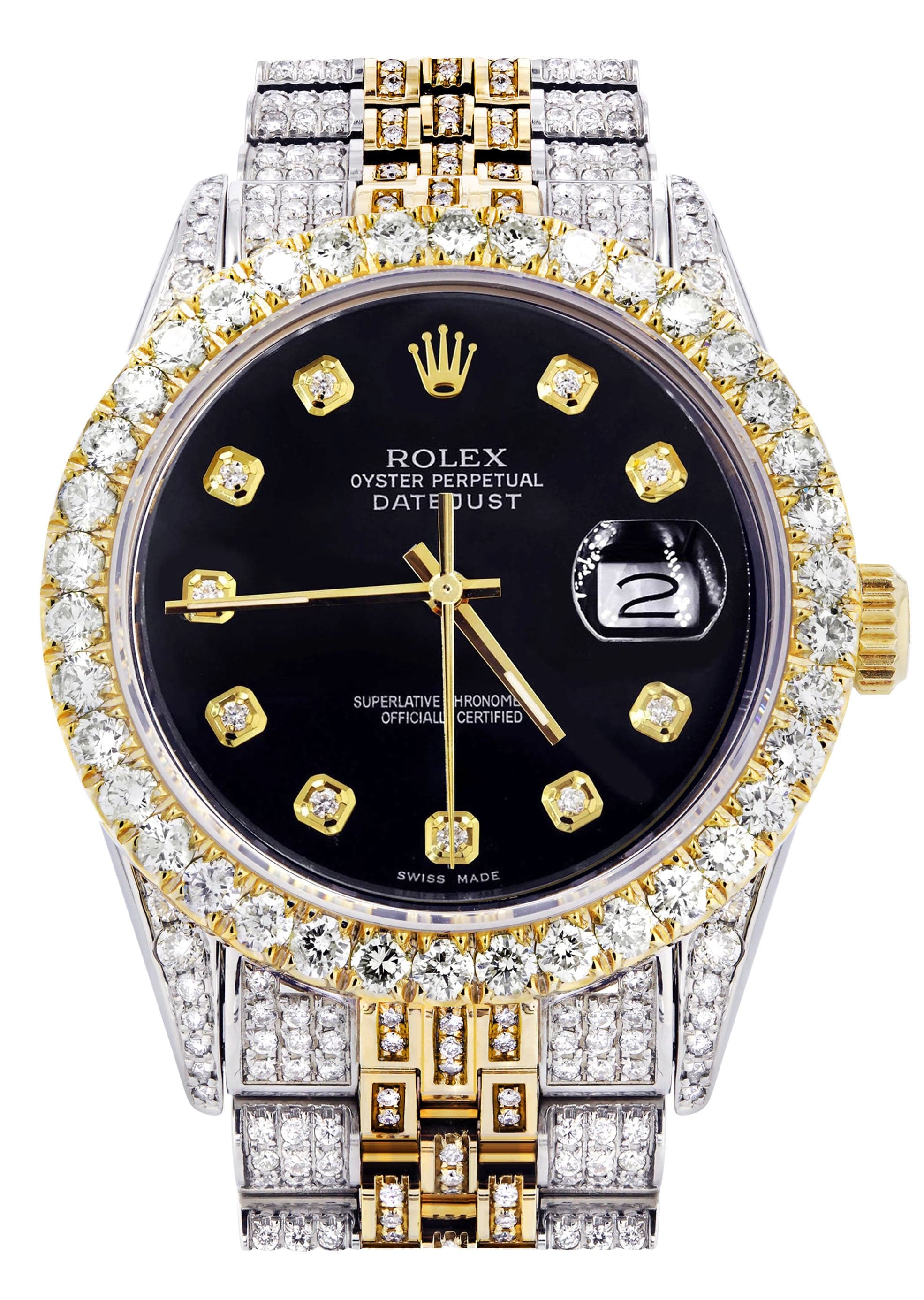 Iced Out Rolex Datejust 36 MM | Two Tone | 10 Carats of Diamonds | Black Diamond Dial