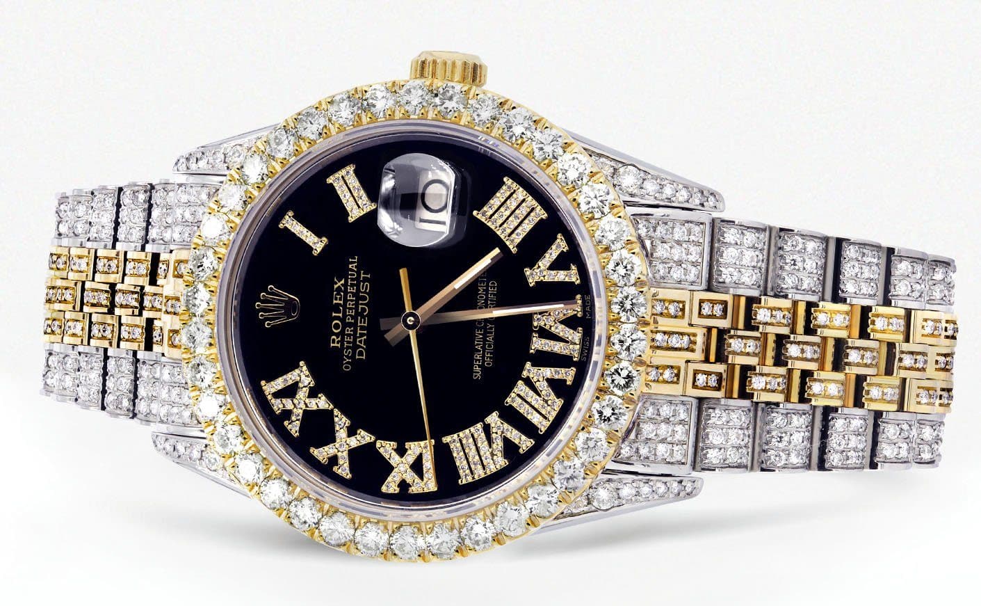Iced Out Rolex Datejust 36 MM | Two Tone | 10 Carats of Diamonds | Black Roman Diamond Dial - Image 2