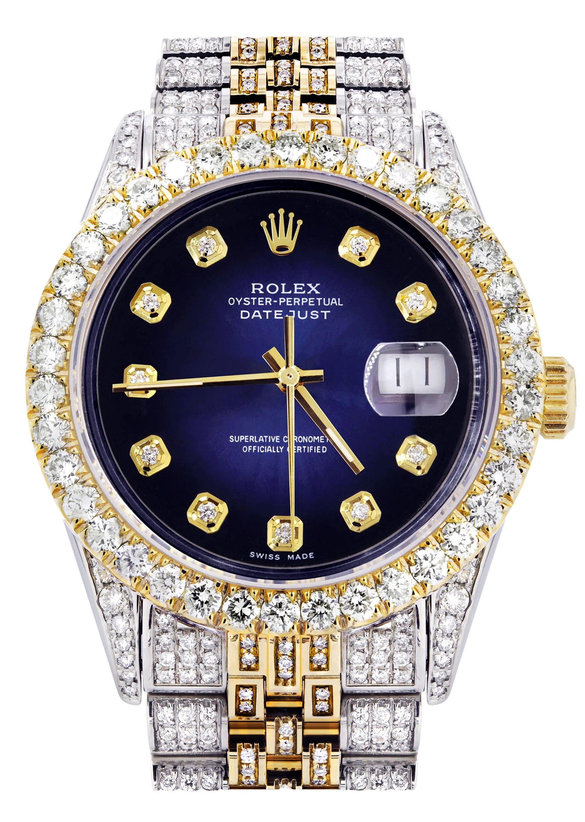 Iced Out Rolex Datejust 36 MM | Two Tone | 10 Carats of Diamonds | Blue Black Diamond Dial