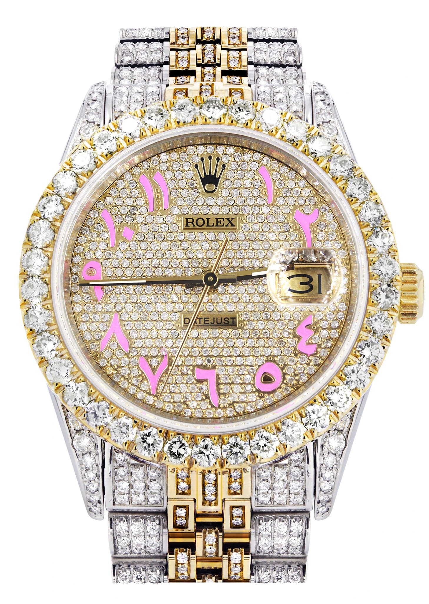 Iced Out Rolex Datejust 36 MM | Two Tone | 10 Carats of Diamonds | Full Diamond Pink Arabic Dial