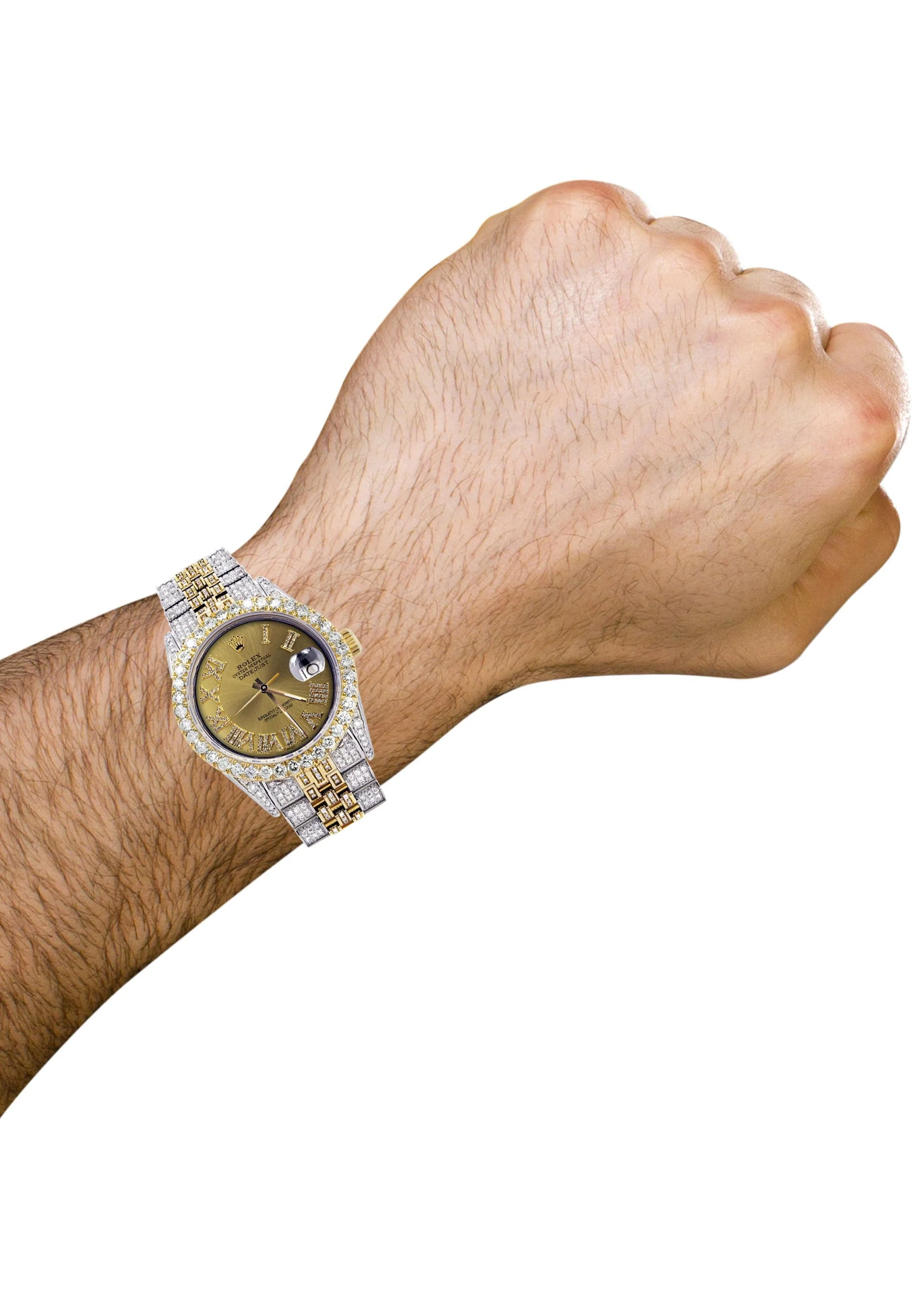 Iced Out Rolex Datejust 36 MM | Two Tone | 10 Carats of Diamonds | Gold Roman Diamond Dial - Image 3