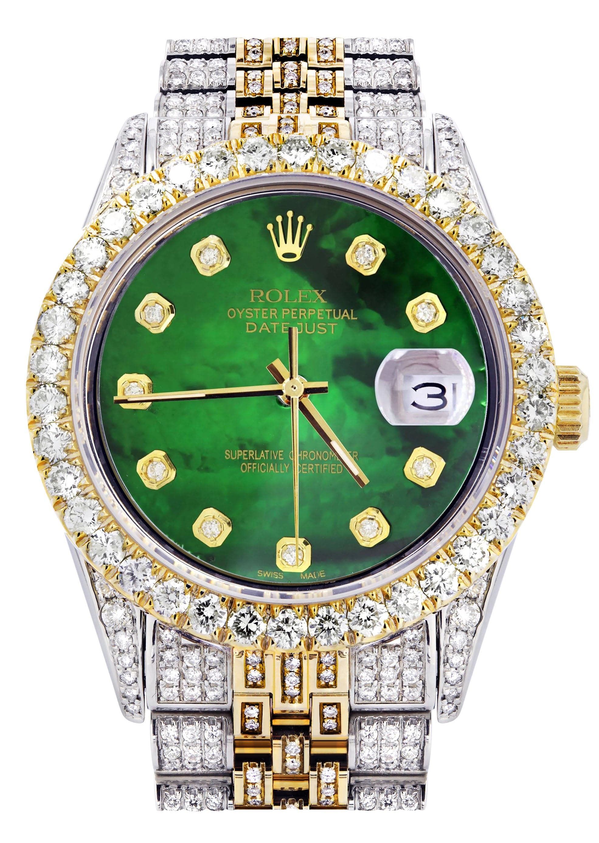 Iced Out Rolex Datejust 36 MM | Two Tone | 10 Carats of Diamonds | Green Mother of Pearl Diamond Dial