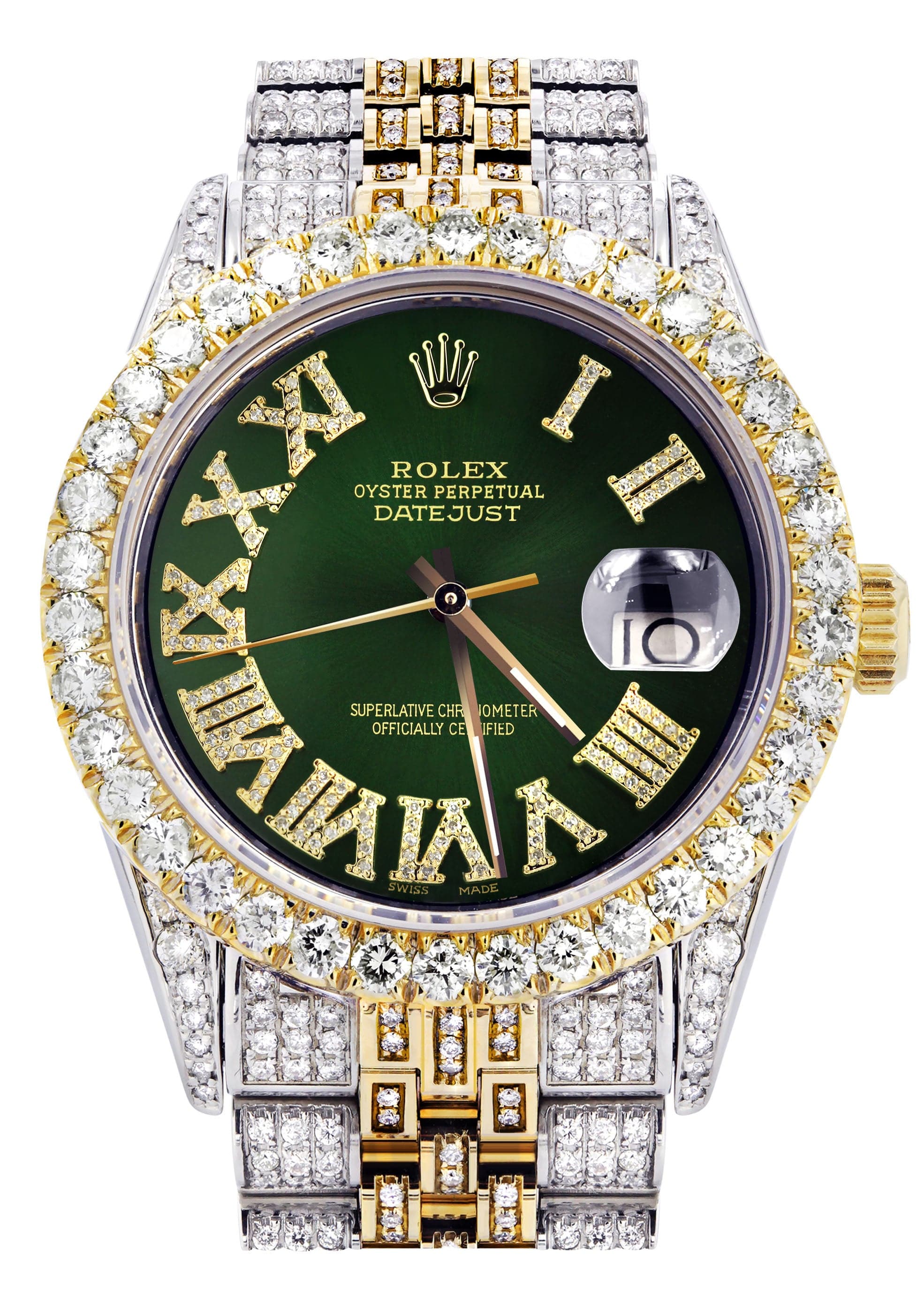 Iced Out Rolex Datejust 36 MM | Two Tone | 10 Carats of Diamonds | Green Roman Diamond Dial