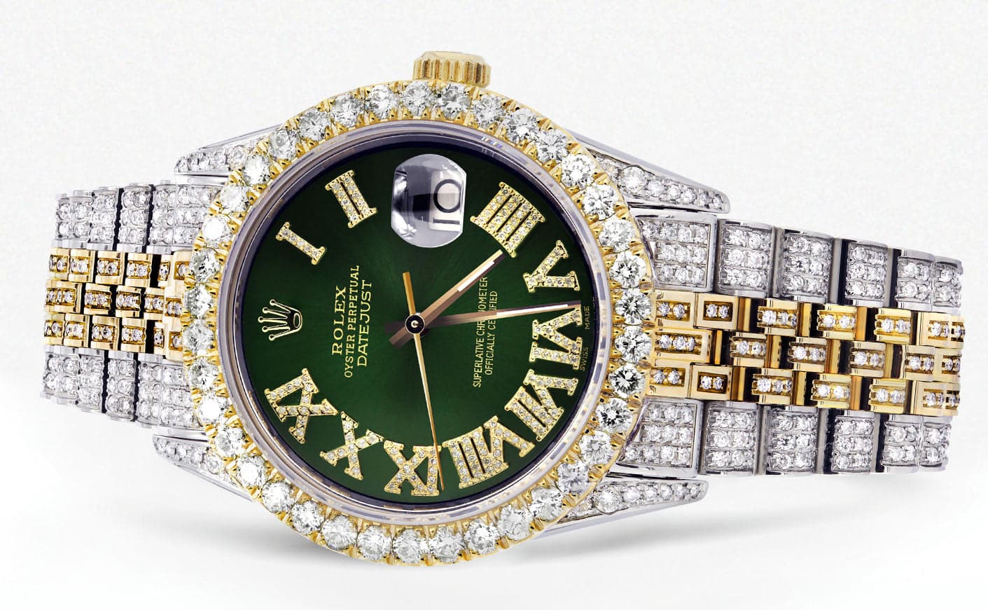Iced Out Rolex Datejust 36 MM | Two Tone | 10 Carats of Diamonds | Green Roman Diamond Dial - Image 2