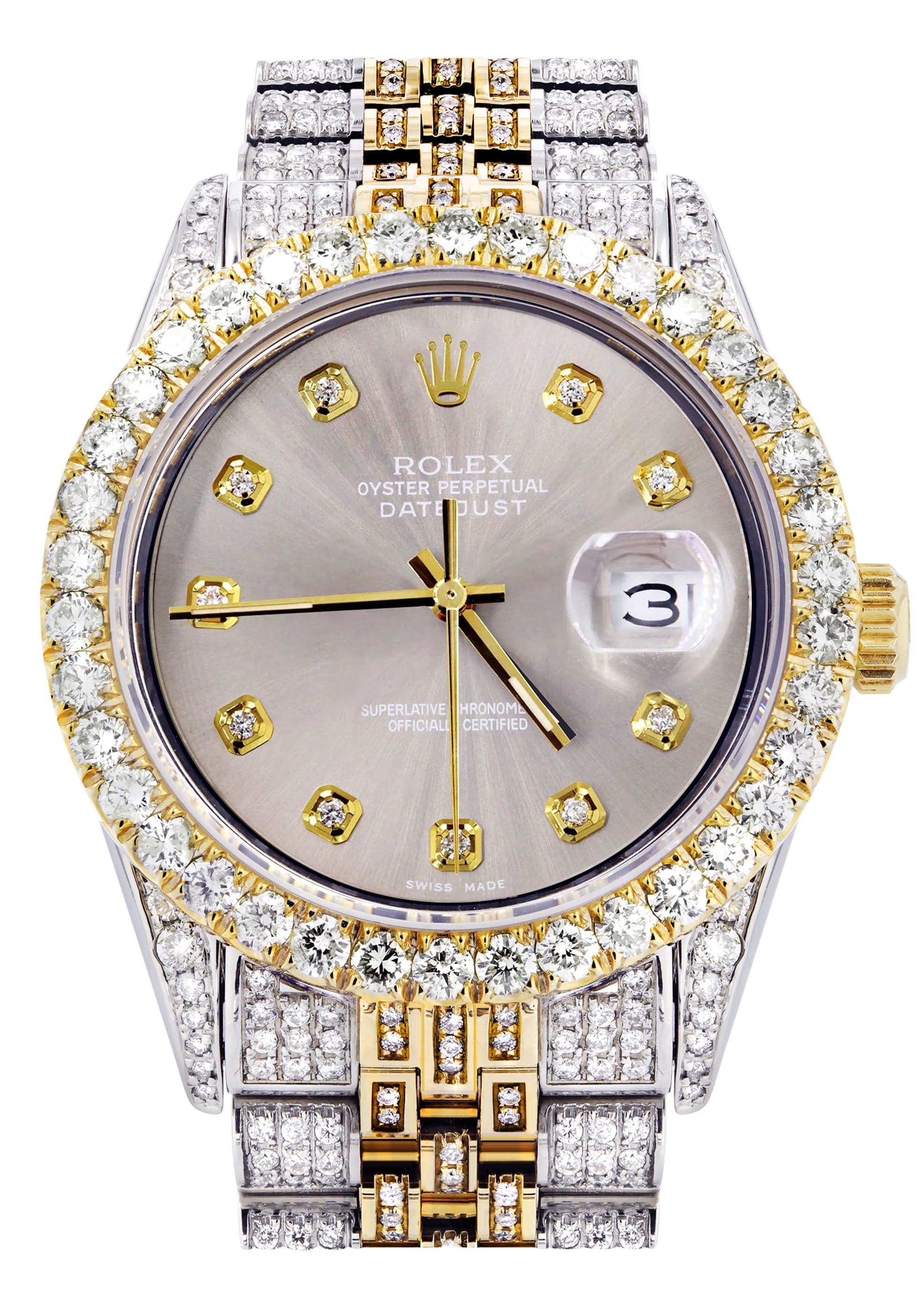 Iced Out Rolex Datejust 36 MM | Two Tone | 10 Carats of Diamonds | Grey Diamond Dial