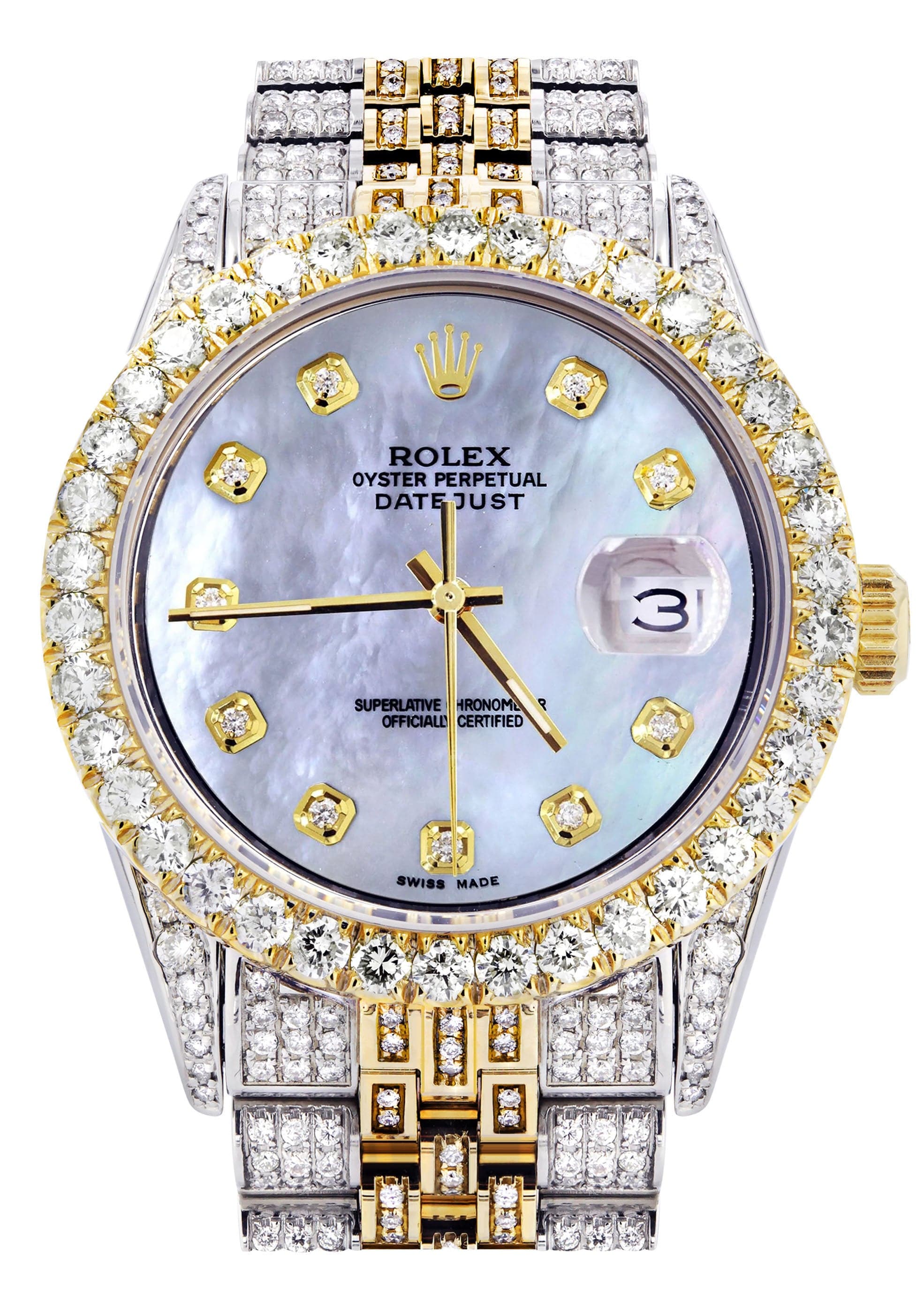 Iced Out Rolex Datejust 36 MM | Two Tone | 10 Carats of Diamonds | Mother of Pearl Diamond Dial