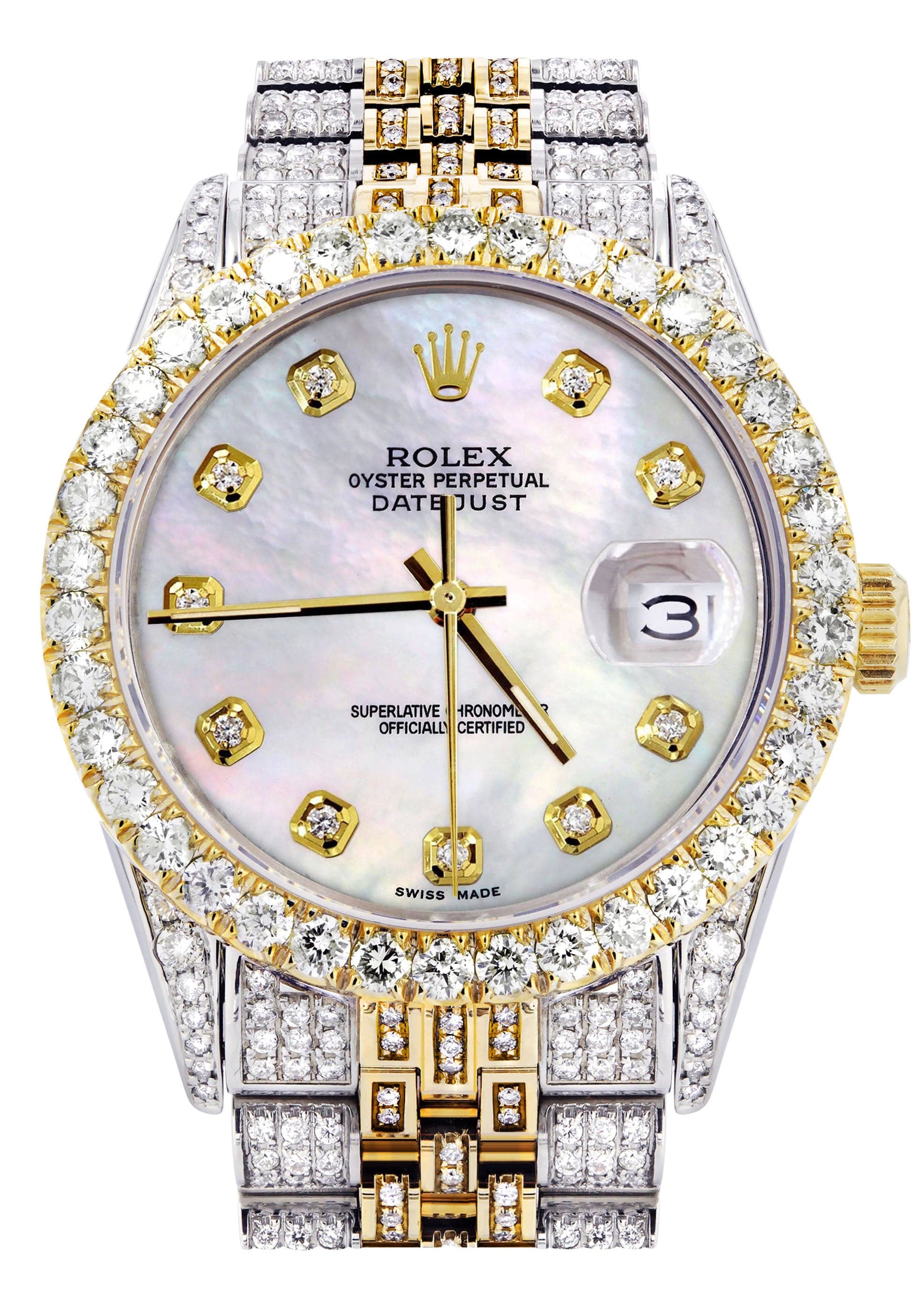 Iced Out Rolex Datejust 36 MM | Two Tone | 10 Carats of Diamonds | Mother of Pearl Diamond Dial