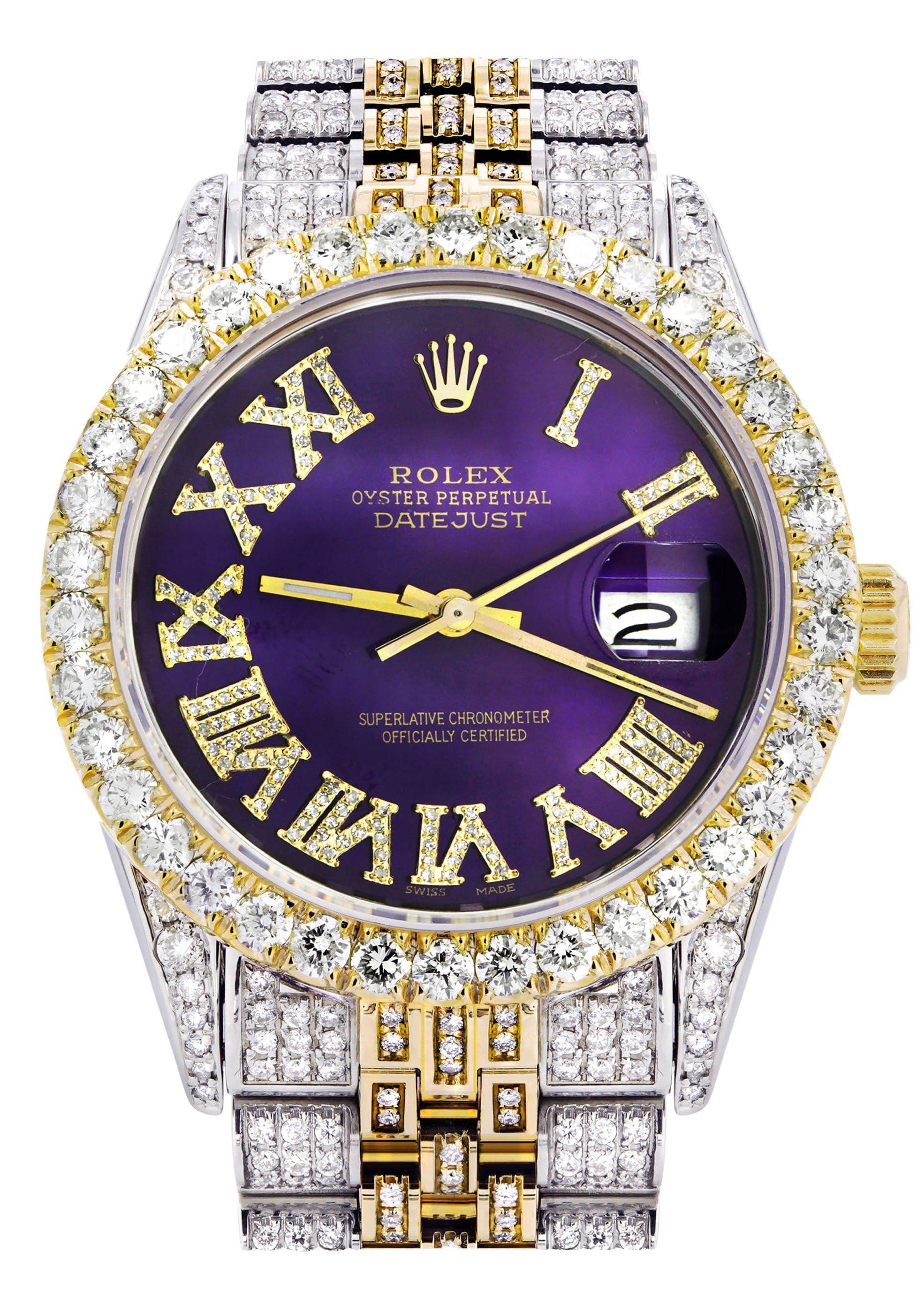 Iced Out Rolex Datejust 36 MM | Two Tone | 10 Carats of Diamonds | Purple Roman Diamond Dial
