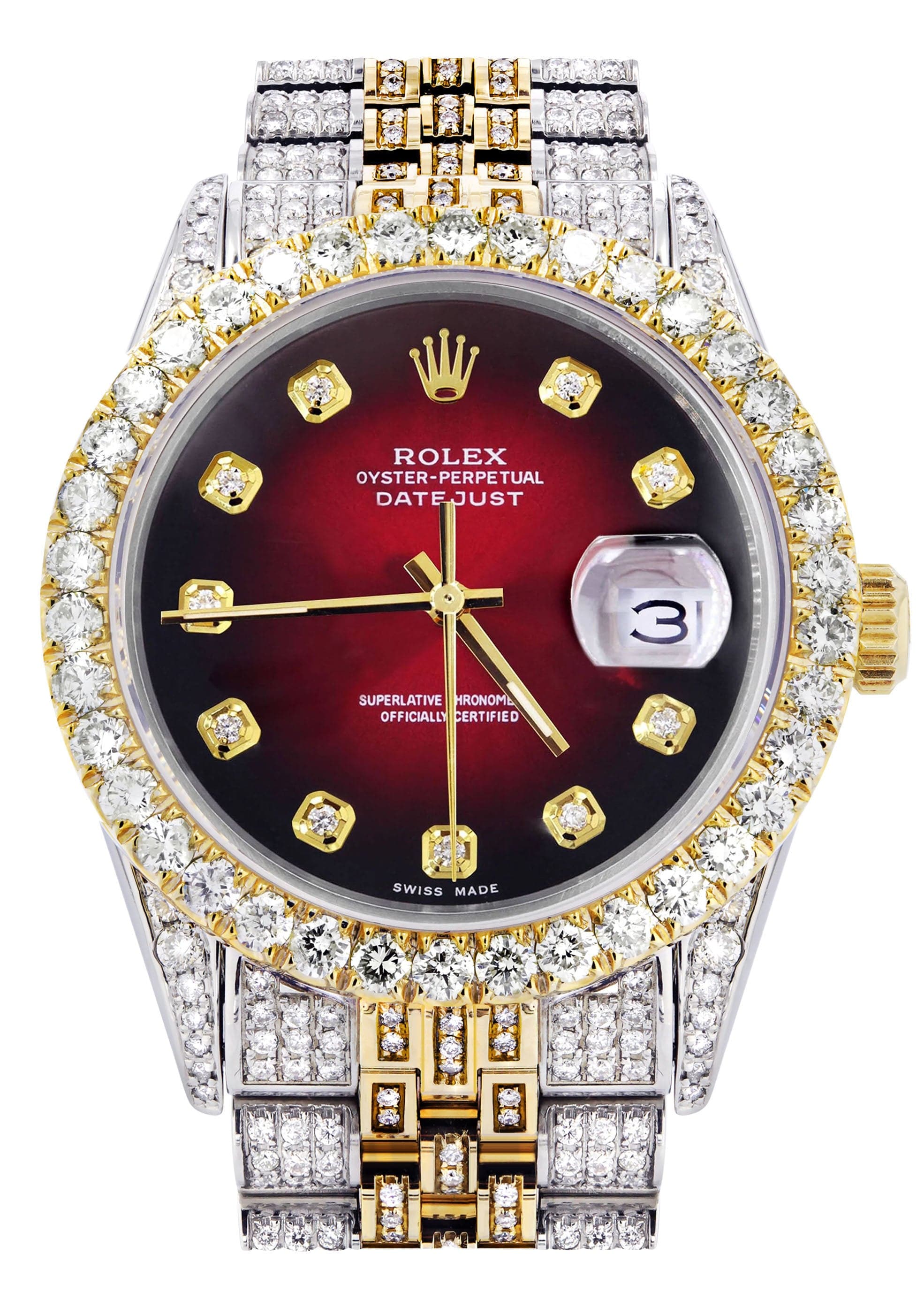 Iced Out Rolex Datejust 36 MM | Two Tone | 10 Carats of Diamonds | Red Black Diamond Dial