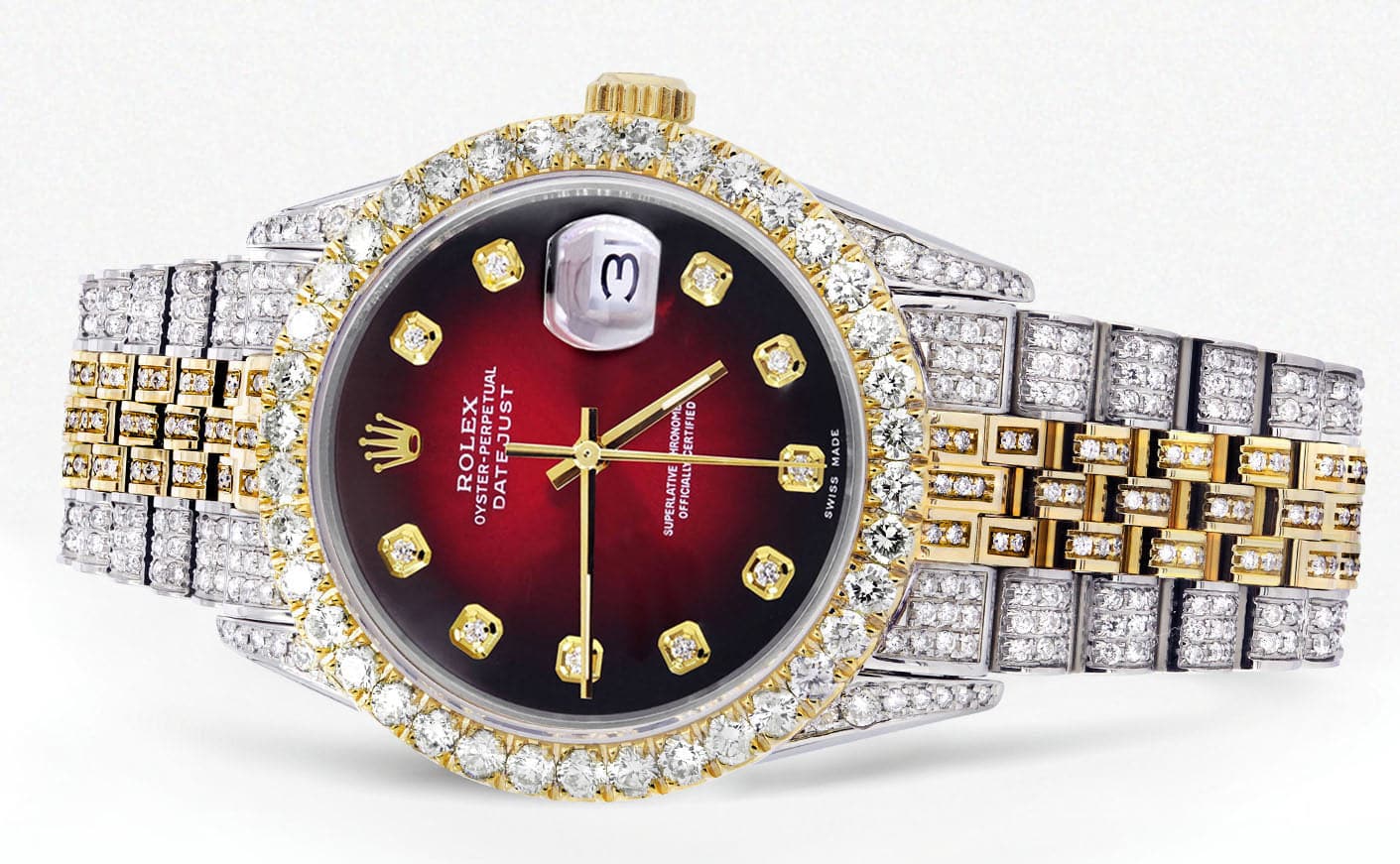 Iced Out Rolex Datejust 36 MM | Two Tone | 10 Carats of Diamonds | Red Black Diamond Dial - Image 2