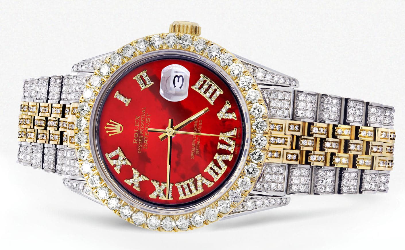 Iced Out Rolex Datejust 36 MM | Two Tone | 10 Carats of Diamonds | Red Mother of Pearl Roman Diamond Dial - Image 2