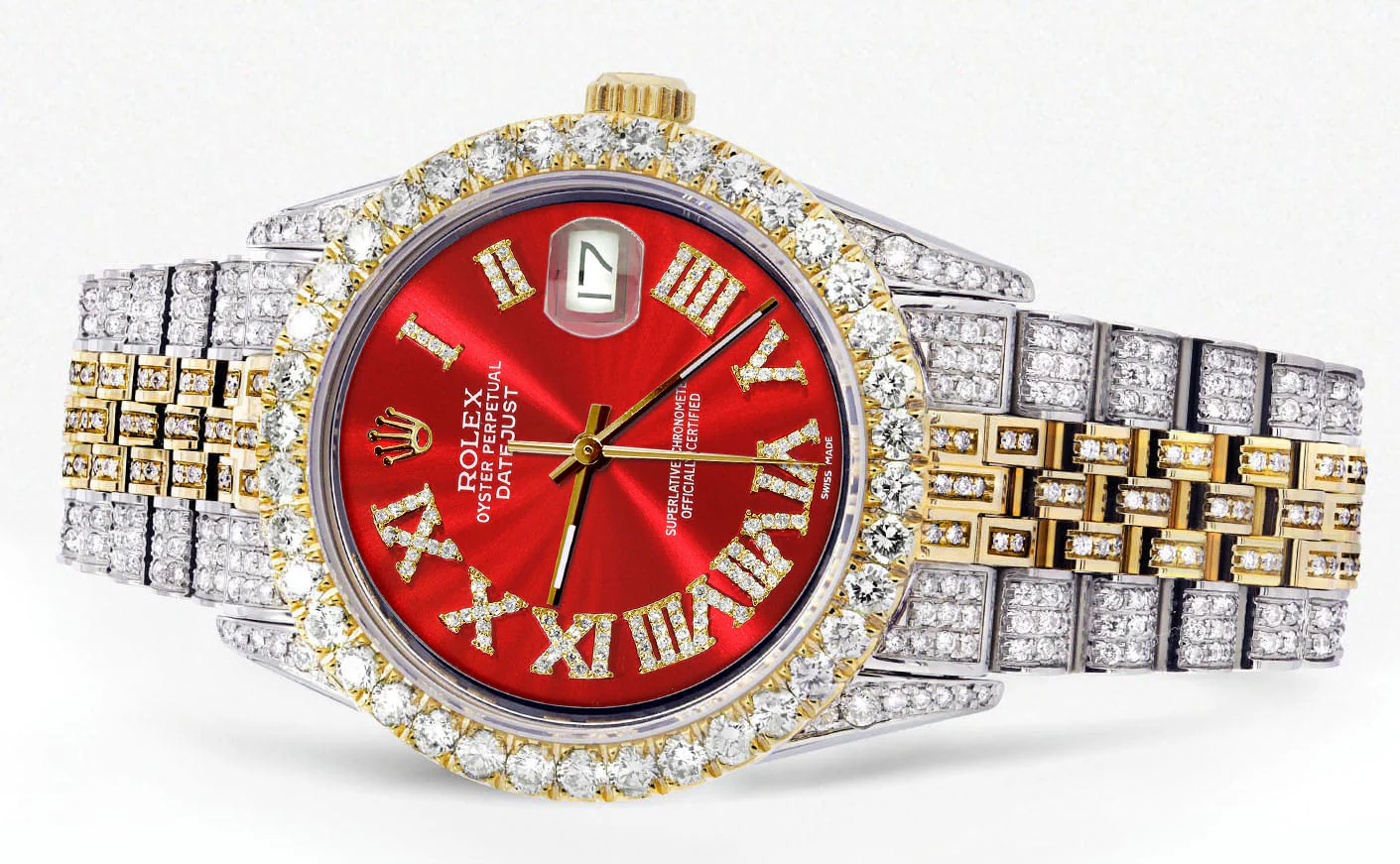Iced Out Rolex Datejust 36 MM | Two Tone | 10 Carats of Diamonds | Red Roman Diamond Dial - Image 2