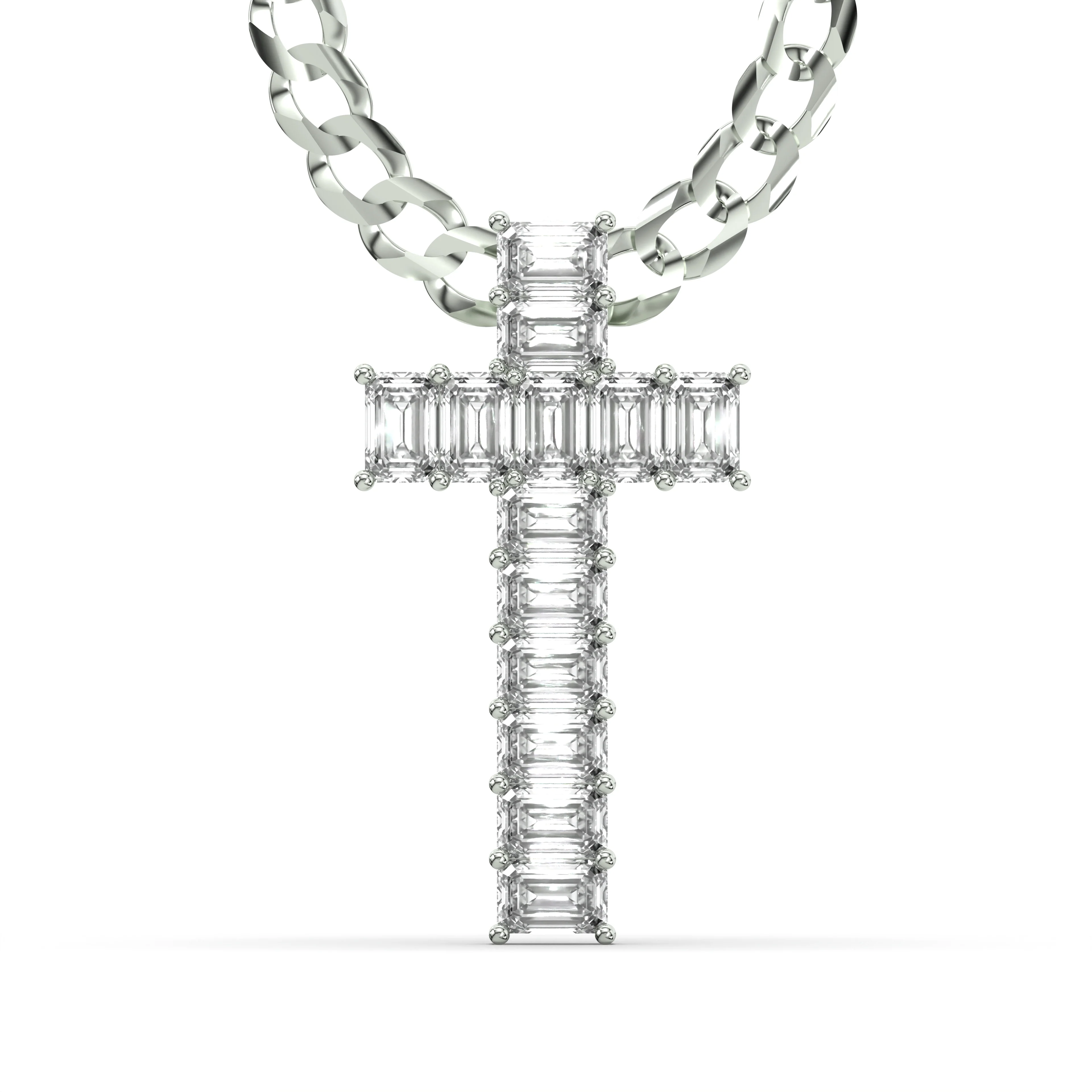 Men's Emerald Cut VVS Lab Diamond Customizable White Gold Cross Necklace Pendant