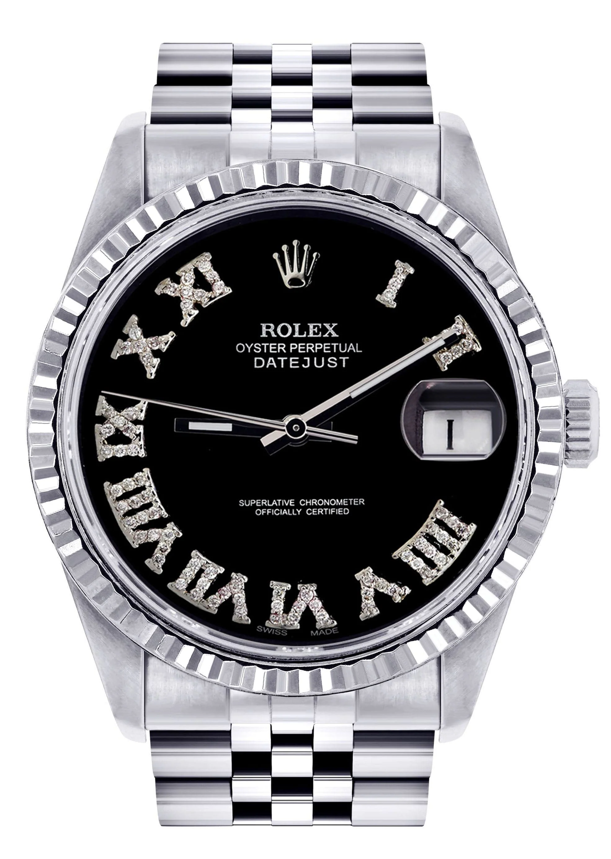 Mens Rolex Datejust Watch 16200 | Fluted Bezel | 36Mm | Black Roman Numeral Dial | Jubilee Band