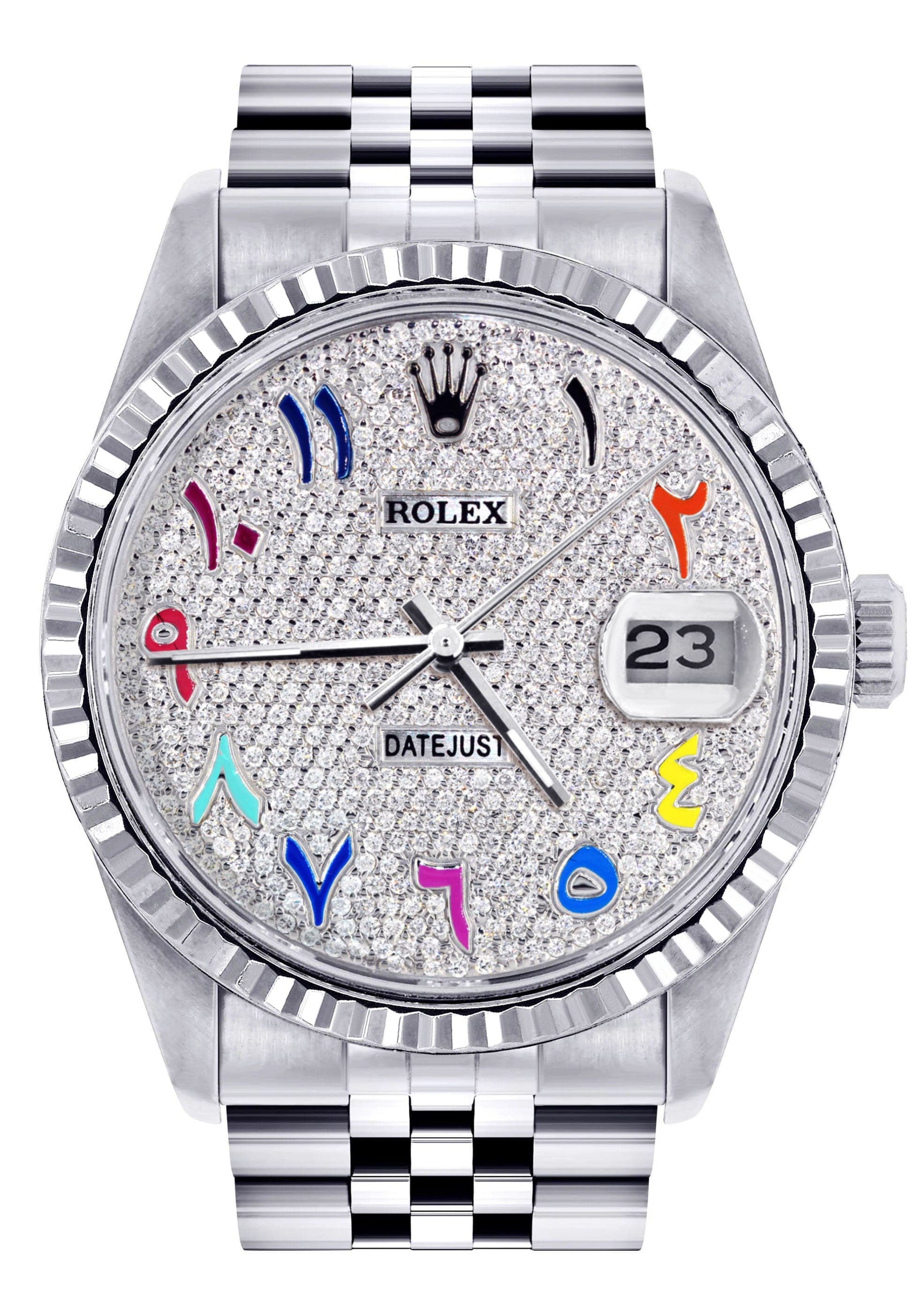 Mens Rolex Datejust Watch 16200 | Fluted Bezel | 36Mm | Color Arabic Numeral Diamond Dial | Jubilee Band