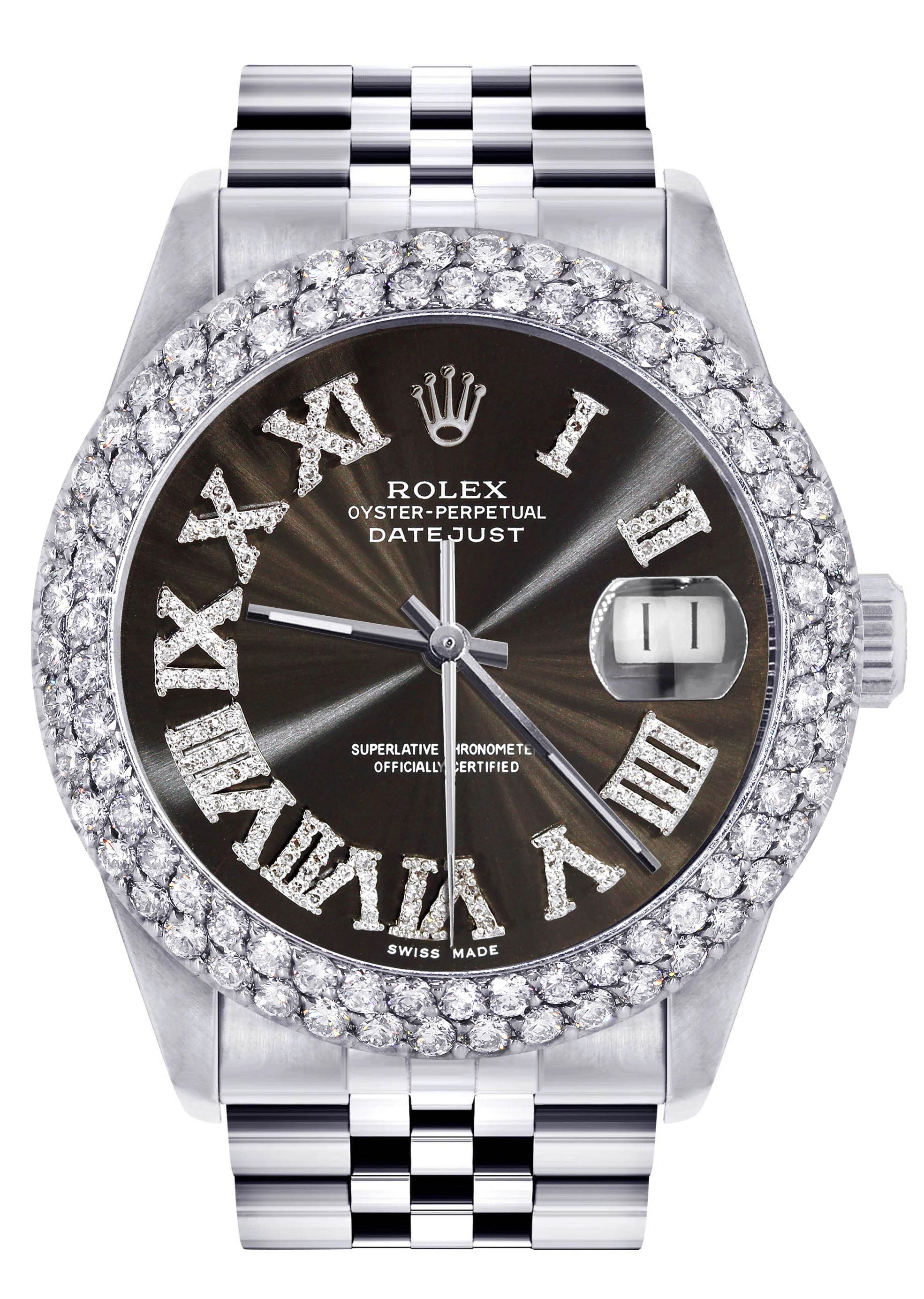 Mens Rolex Datejust Watch 16200 | 36Mm | Dark Brown Roman Numeral Dial | Two Row 4.25 Carat Bezel | Jubilee Band