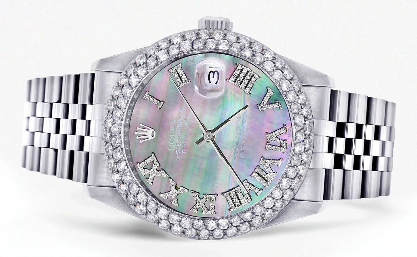Mens Rolex Datejust Watch 16200 | 36Mm | Dark Mother of Pearl Roman Numeral Dial | Two Row 4.25 Carat Bezel | Jubilee Band - Image 2