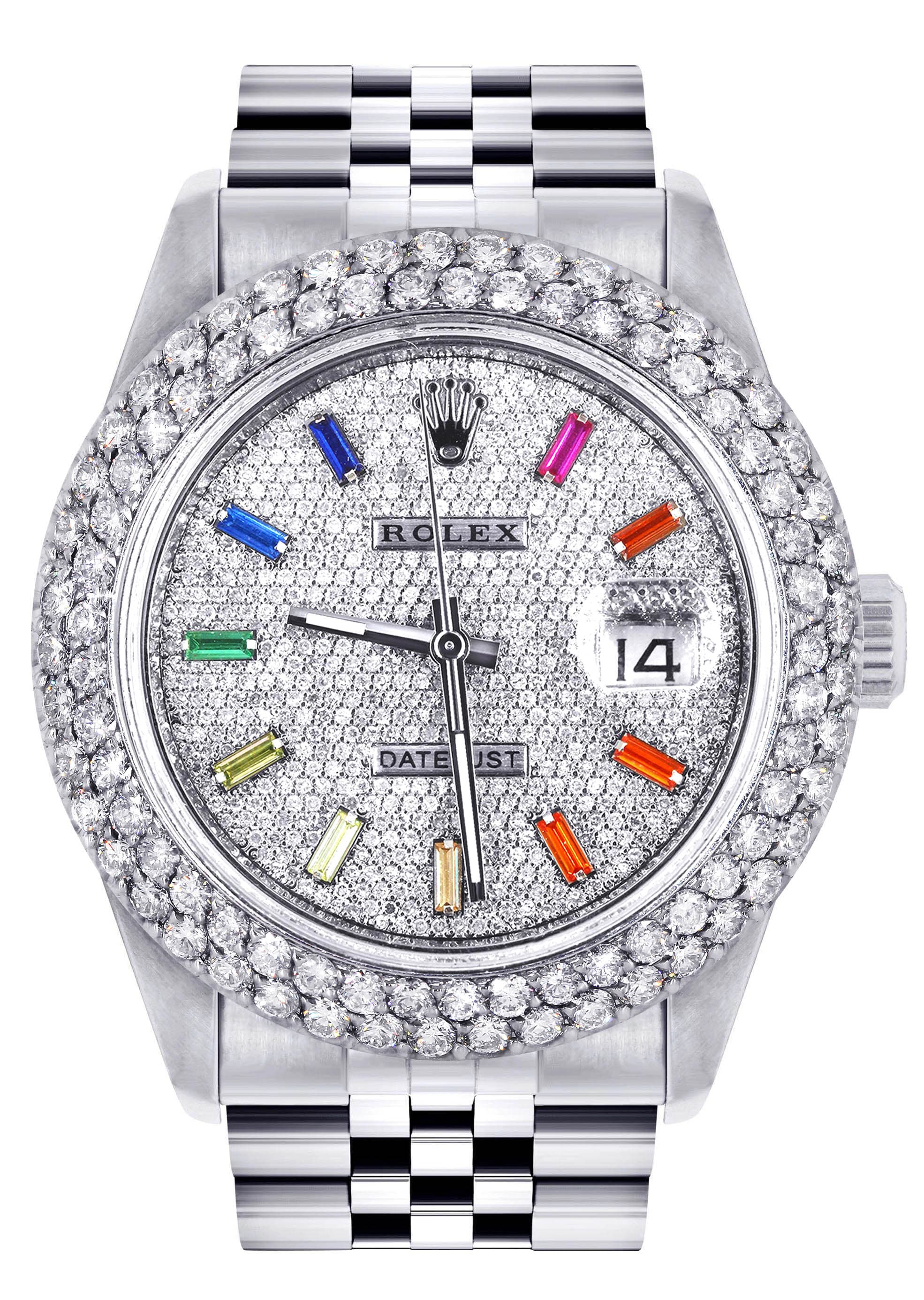 Mens Rolex Datejust Watch 16200 | 36Mm | Full Diamond Color Baguettes Dial | Two Row 4.25 Carat Bezel | Jubilee Band