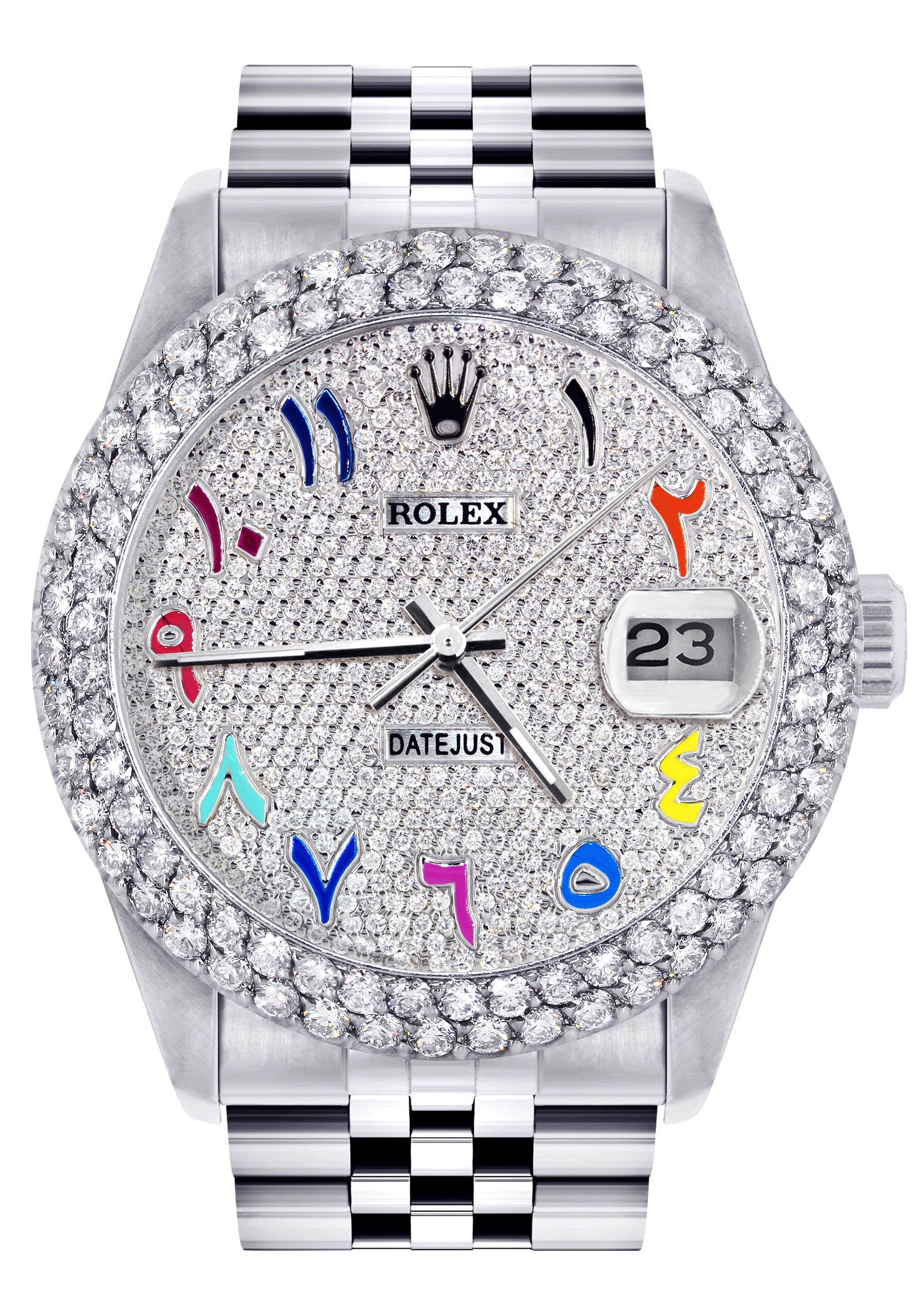 Mens Rolex Datejust Watch 16200 | 36Mm | Full Diamond Color Arabic Dial | Two Row 4.25 Carat Bezel | Jubilee Band