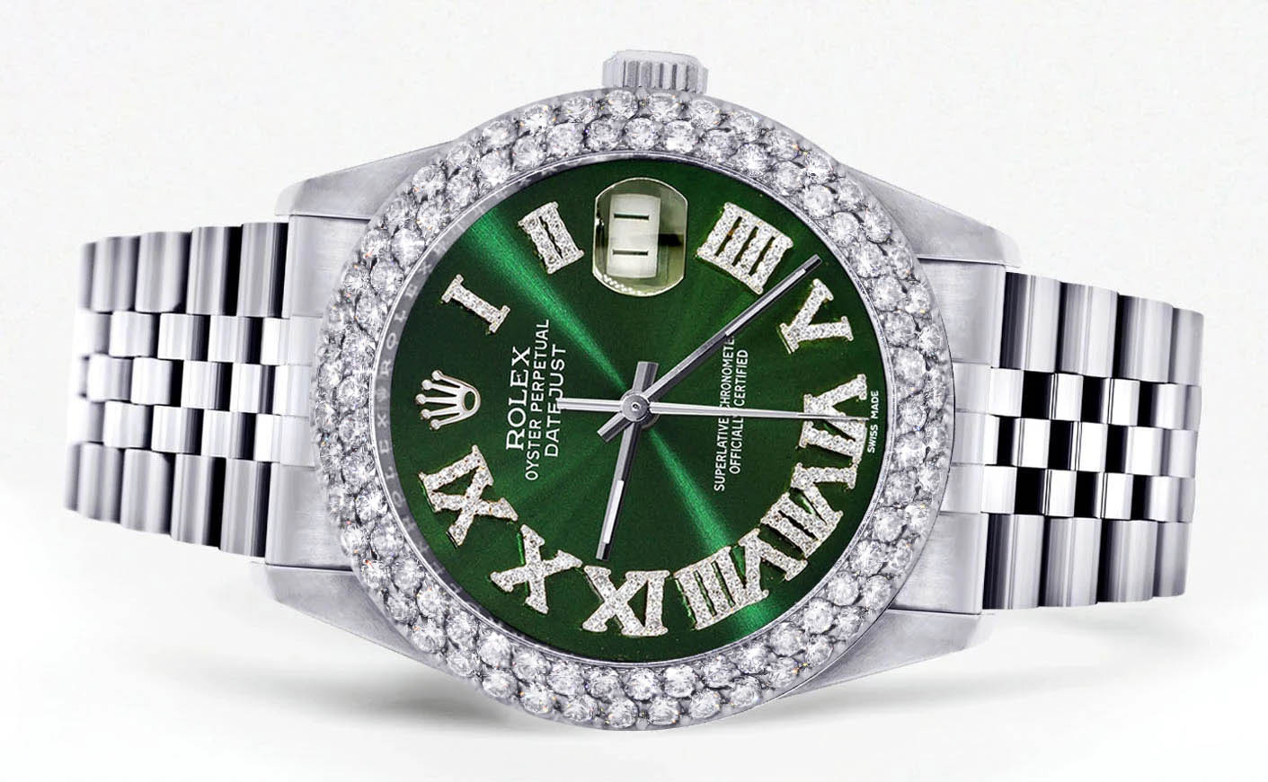 Mens Rolex Datejust Watch 16200 | 36Mm | Green Roman Numeral Dial | Two Row 4.25 Carat Bezel | Jubilee Band - Image 2