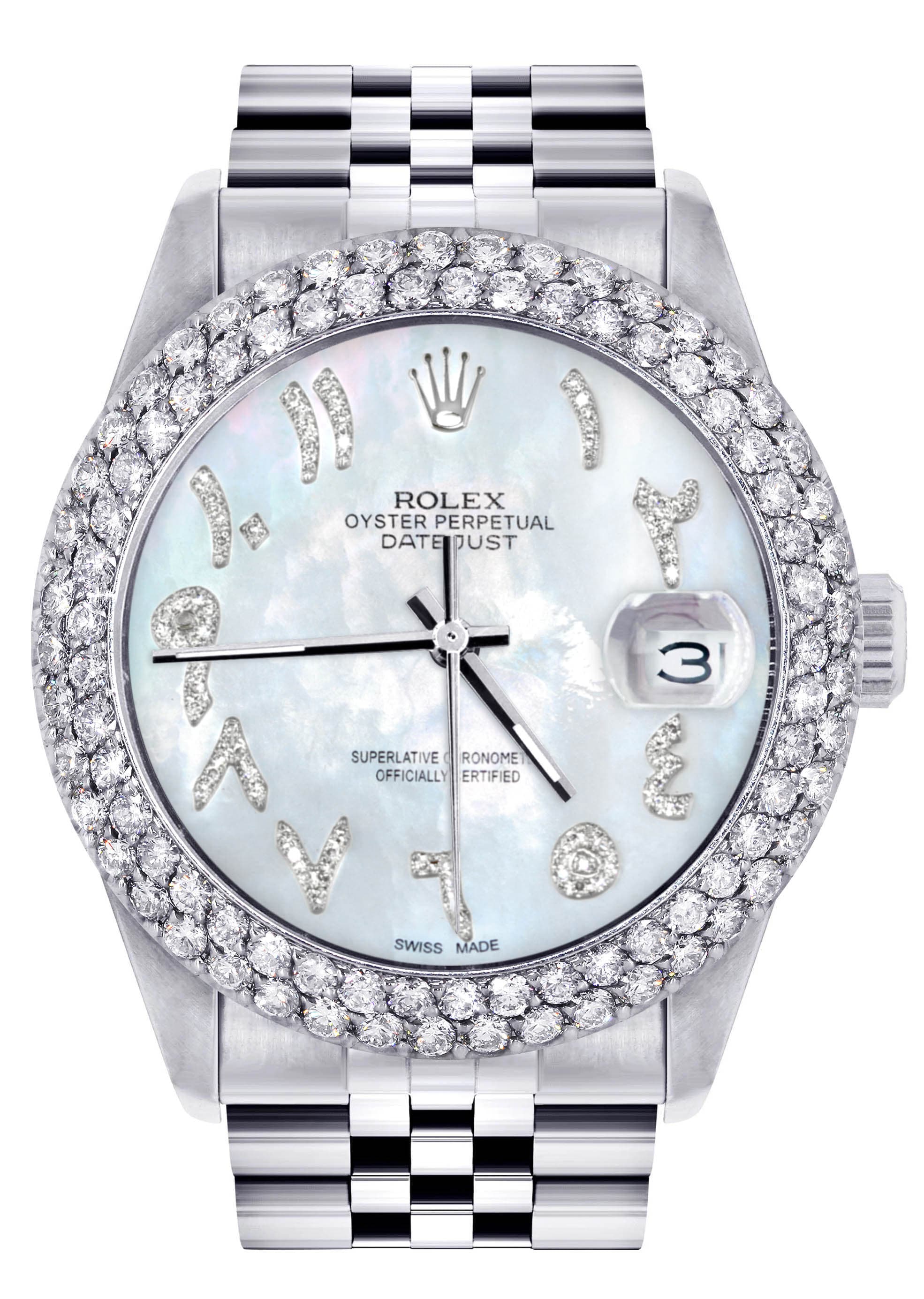Mens Rolex Datejust Watch 16200 | 36Mm | Mother of Pearl Arabic Diamond Dial | Two Row 4.25 Carat Bezel | Jubilee Band