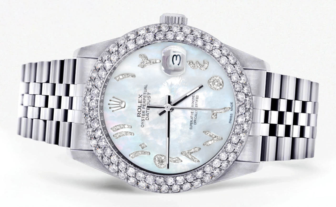 Mens Rolex Datejust Watch 16200 | 36Mm | Mother of Pearl Arabic Diamond Dial | Two Row 4.25 Carat Bezel | Jubilee Band - Image 2