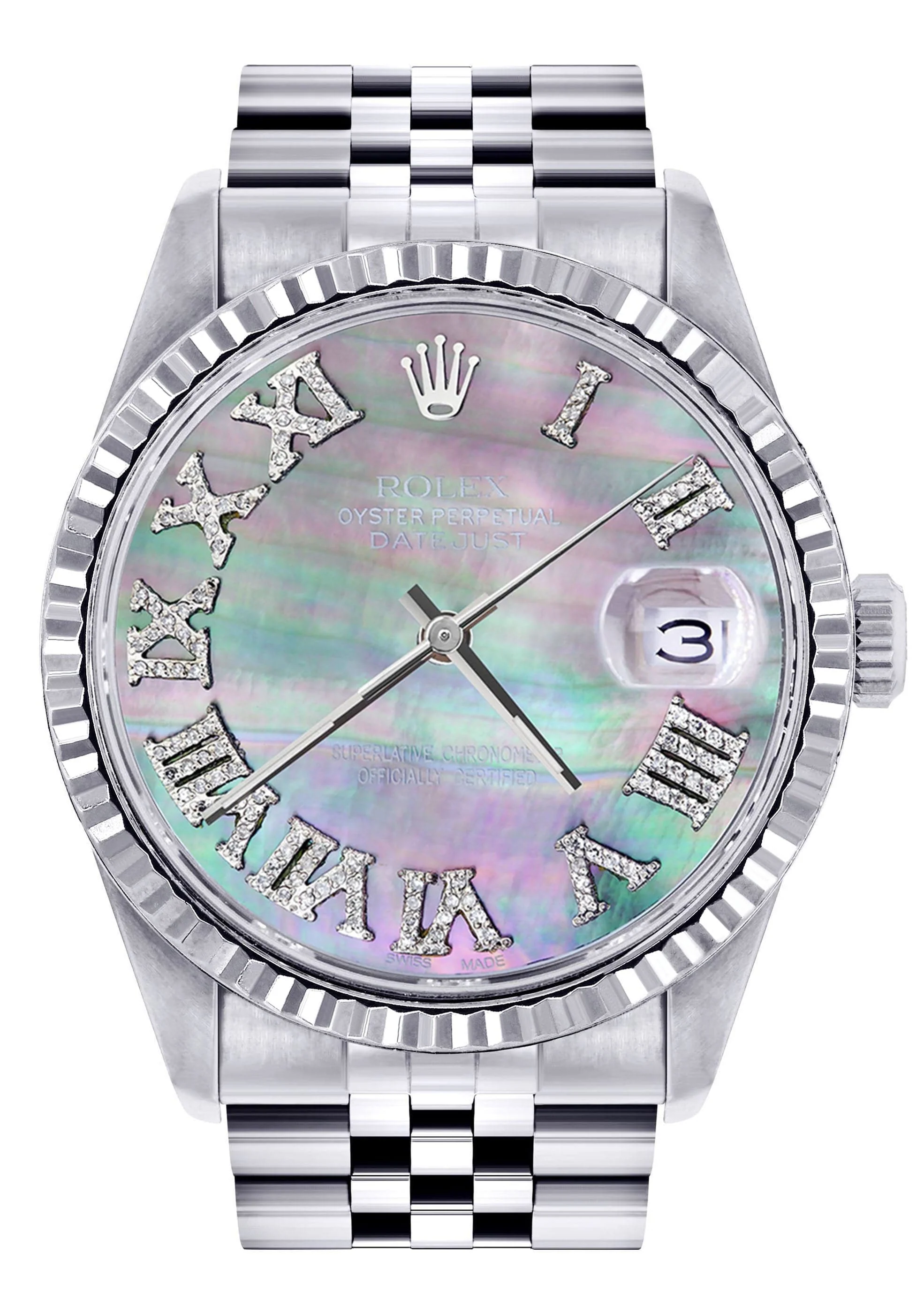 Mens Rolex Datejust Watch 16200 | Fluted Bezel | 36Mm | Mother of Pearl Roman Numeral Dial | Jubilee Band