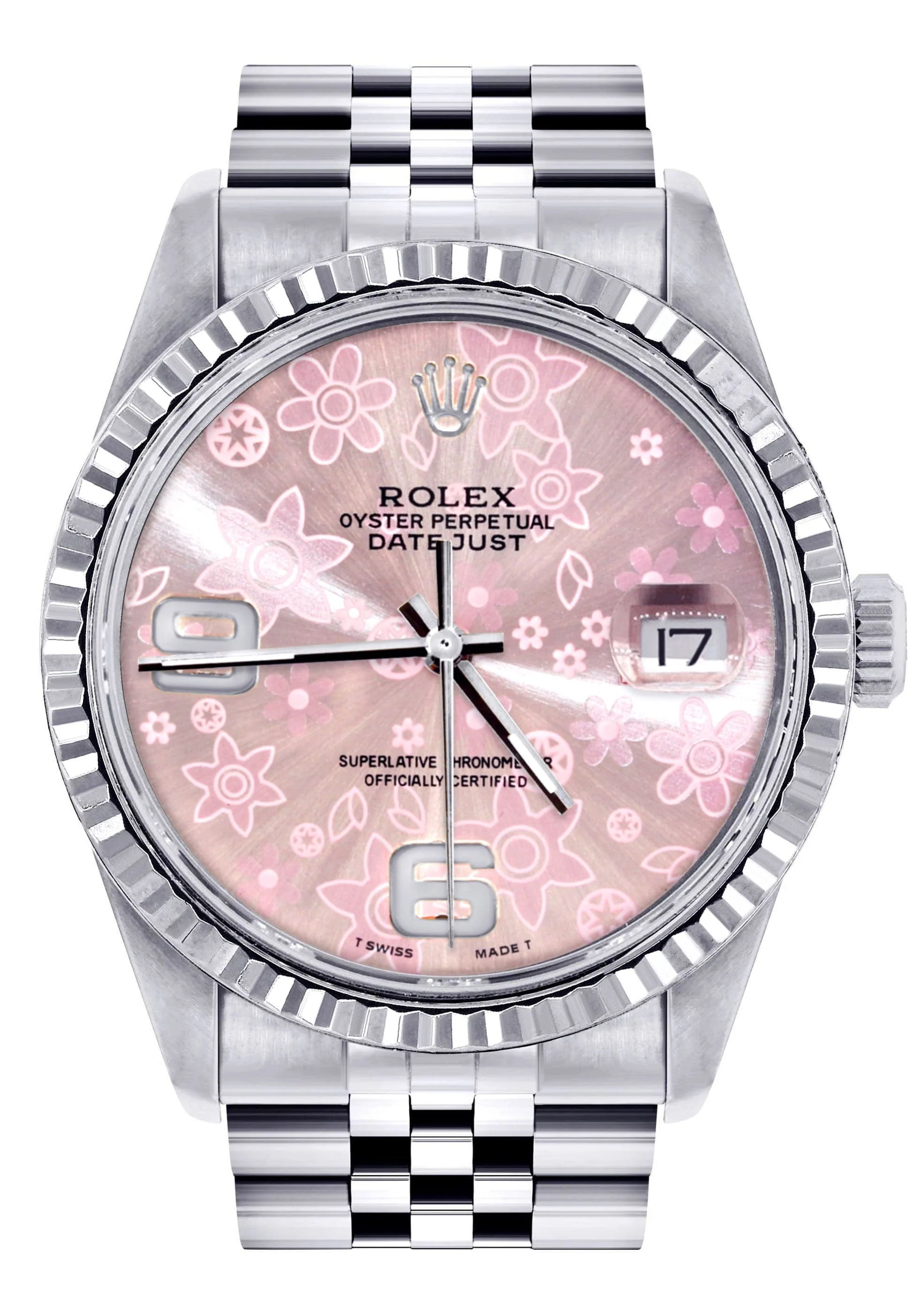 Mens Rolex Datejust Watch 16200 | Fluted Bezel | 36Mm | Pink Flower Dial | Jubilee Band