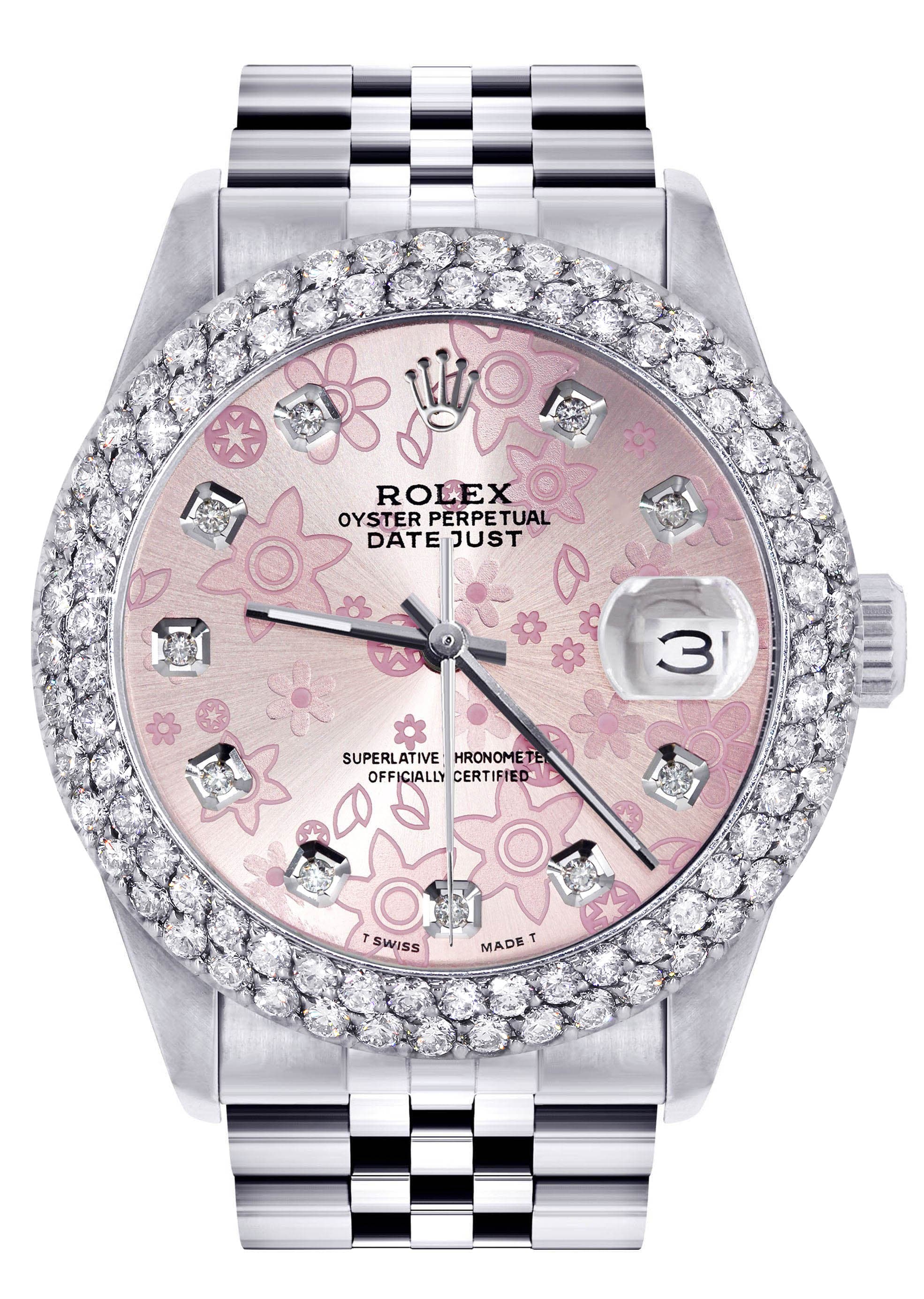 Mens Rolex Datejust Watch 16200 | 36Mm | Pink Flower Dial | Two Row 4.25 Carat Bezel | Jubilee Band